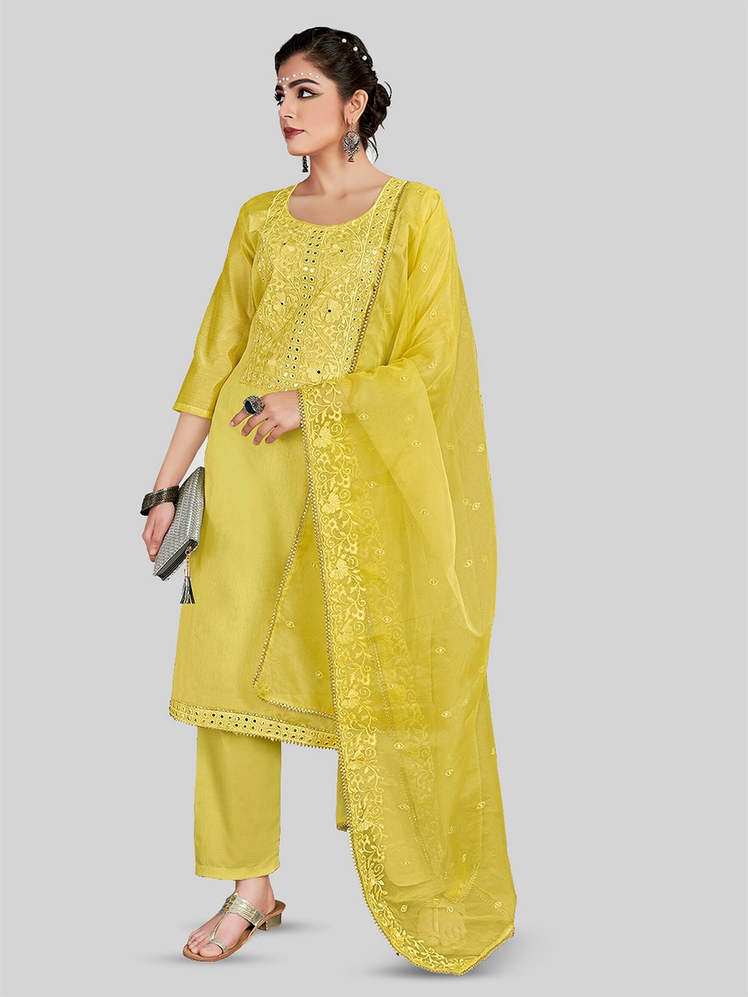 

TAVAS Floral Embroidered Mirror Work Unstitched Dress Material, Yellow