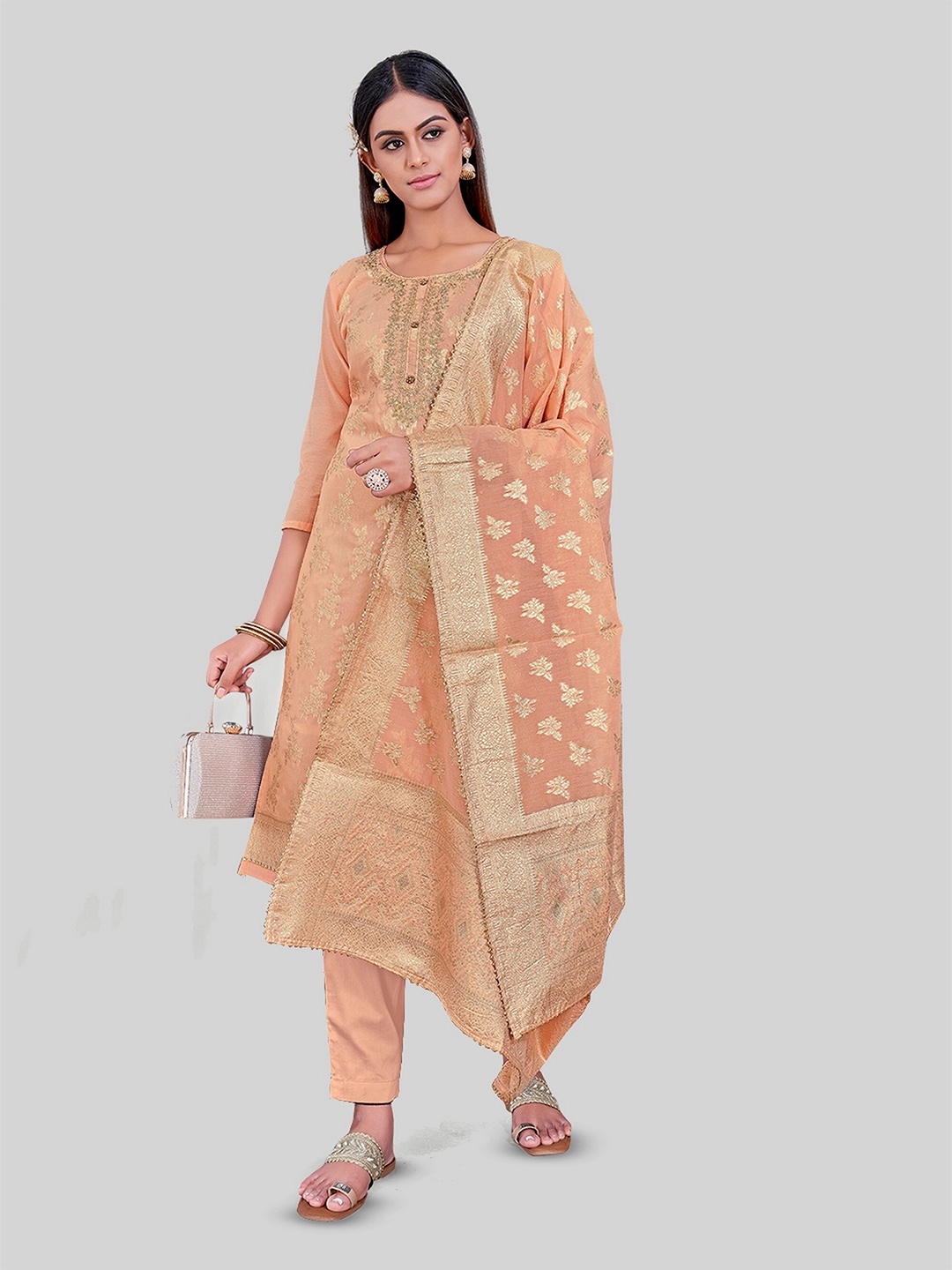 

TAVAS Floral Woven Design Zari Unstitched Dress Material, Orange