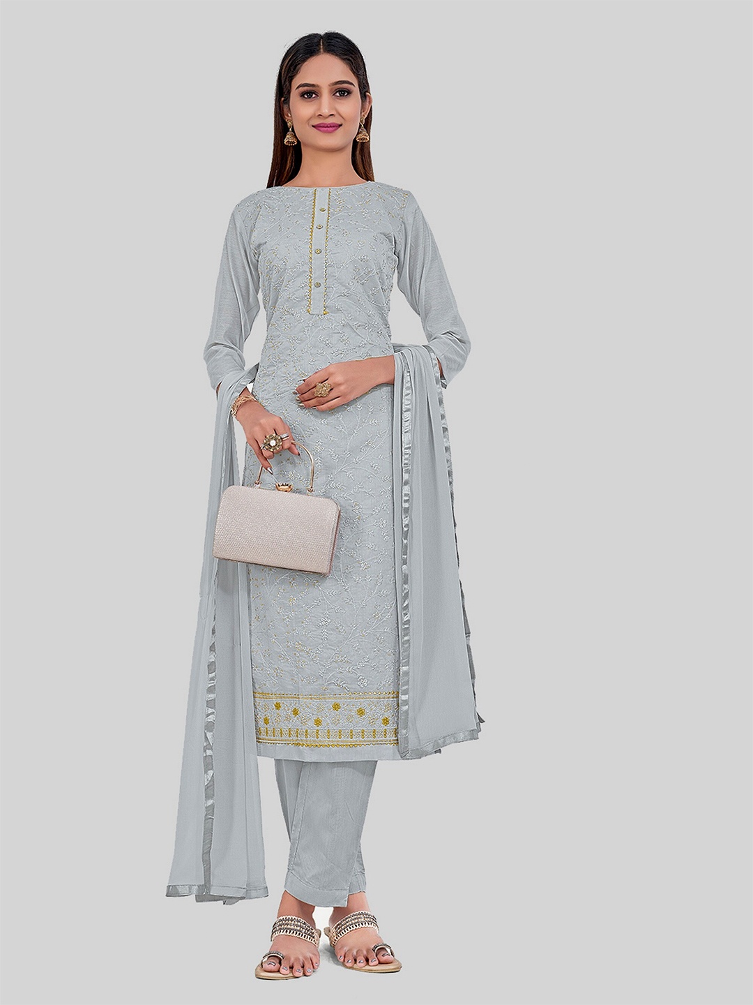 

TAVAS Ethnic Motifs Gotta Patti Embroidered Unstitched Dress Material, Grey