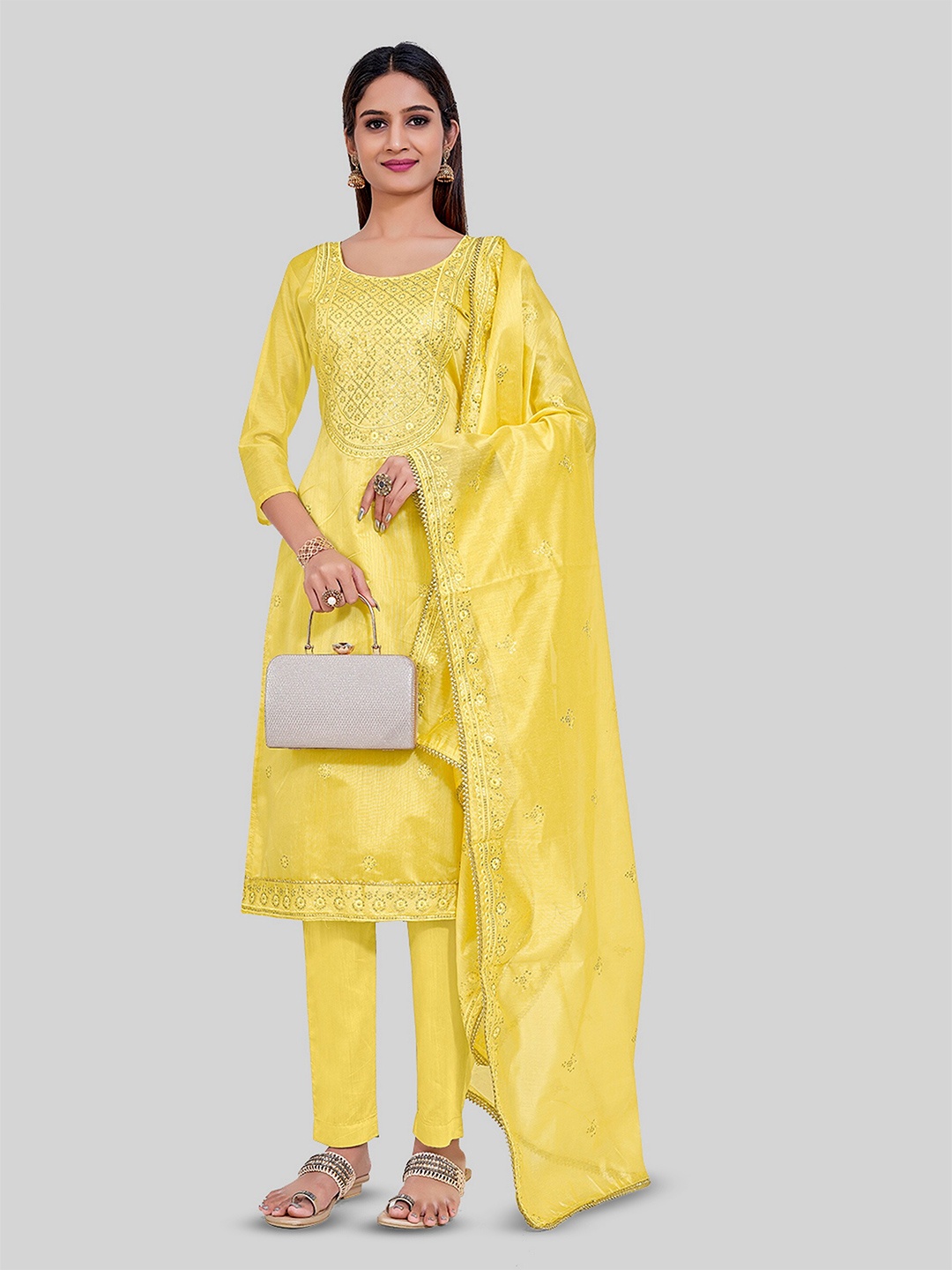 

TAVAS Embroidered Unstitched Dress Material, Yellow