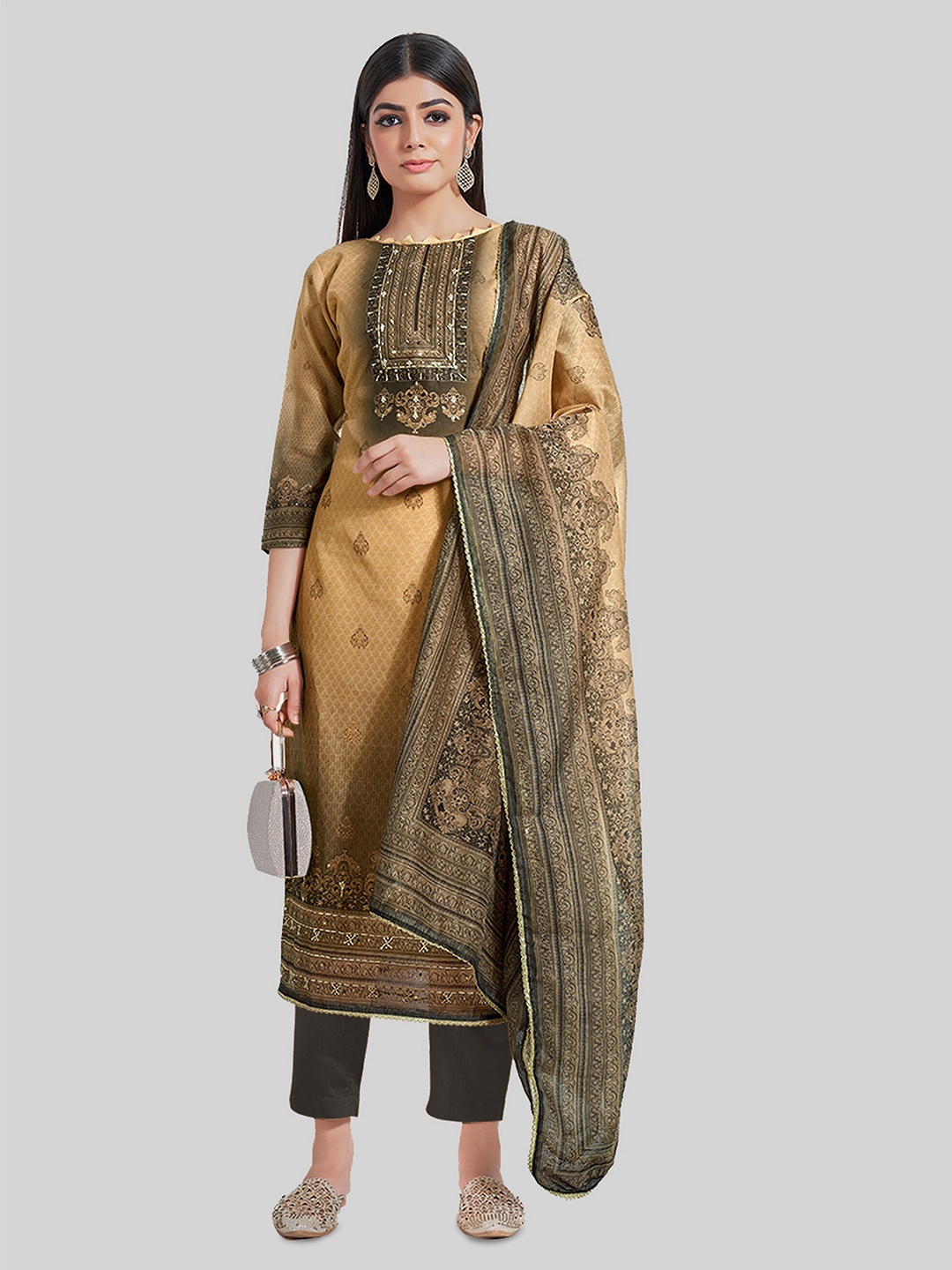 

TAVAS Embroidered Unstitched Dress Material, Brown