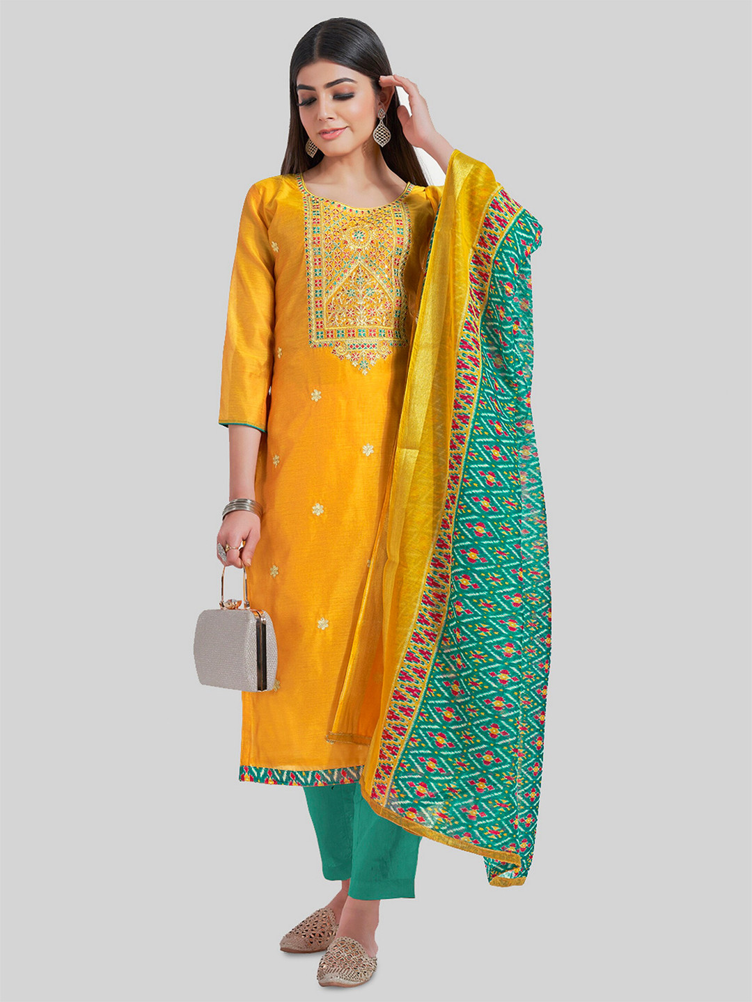 

TAVAS Floral Embroidered Unstitched Dress Material, Yellow