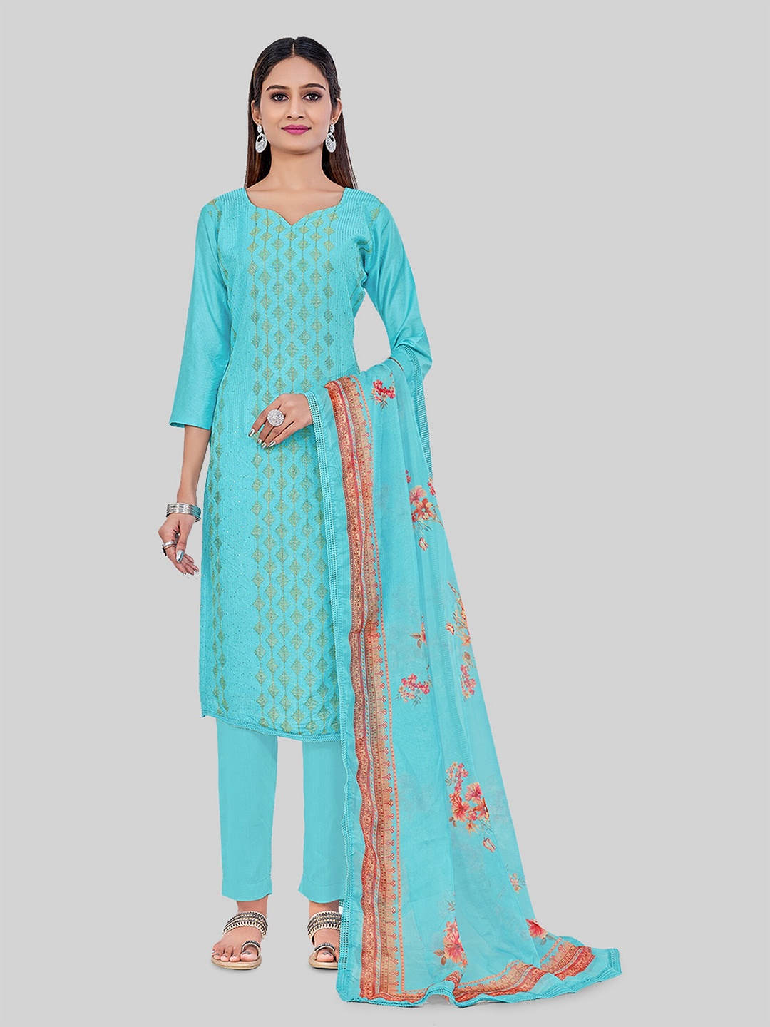 

TAVAS Embroidered Unstitched Dress Material, Turquoise blue