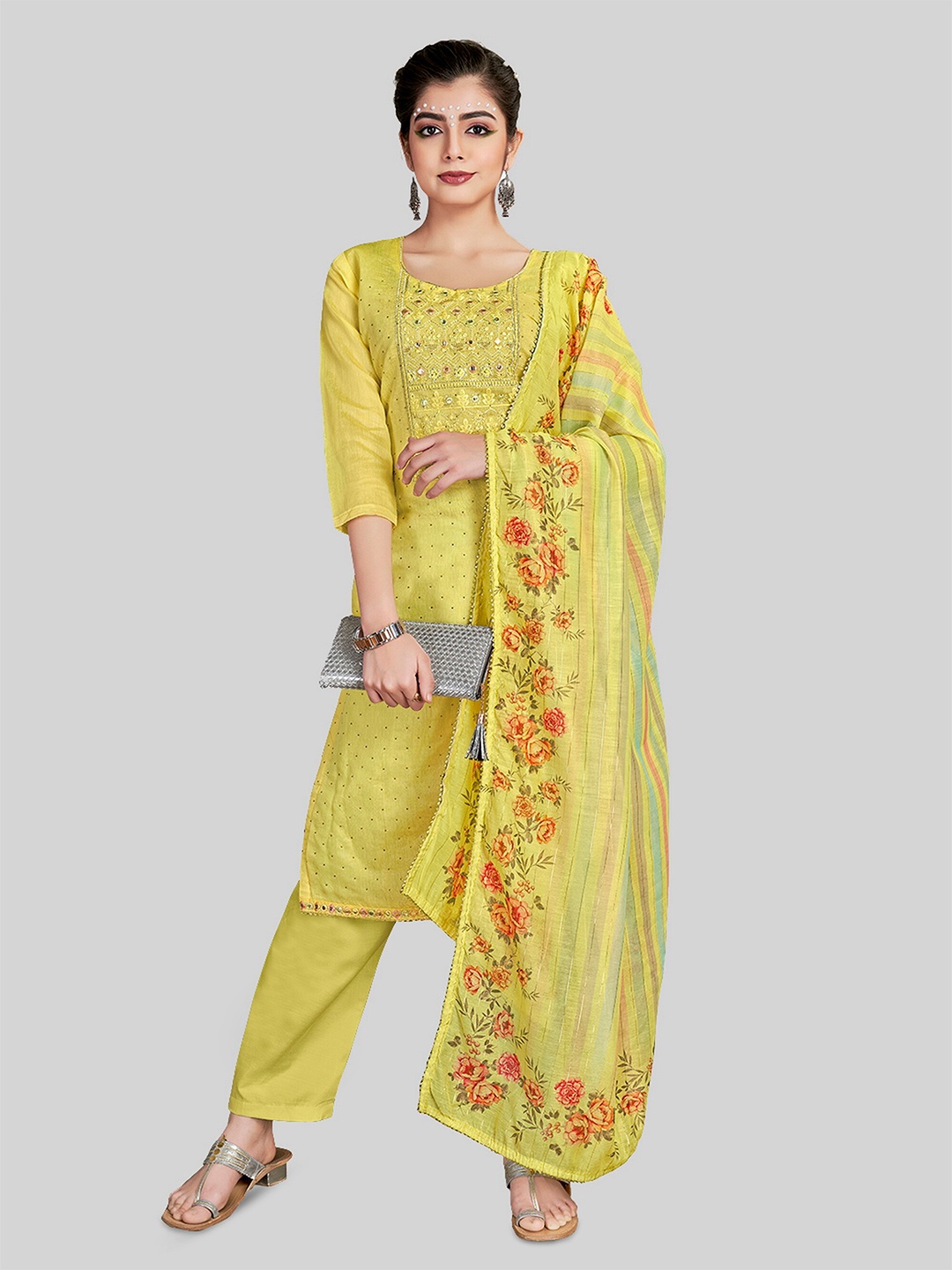 

TAVAS Ethnic Motifs Embroidered Mirror Work Unstitched Dress Material, Yellow