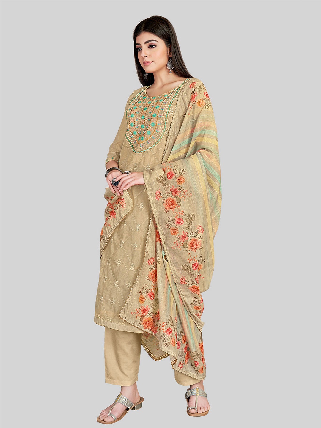 

TAVAS Embroidered Unstitched Dress Material, Brown