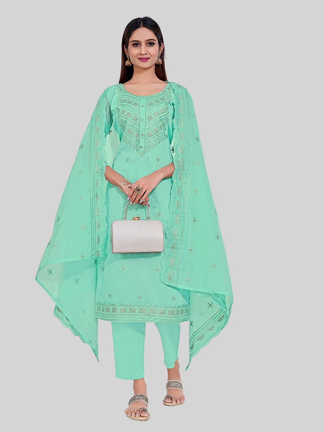 

TAVAS Ethnic Motifs Embroidered Unstitched Dress Material, Sea green