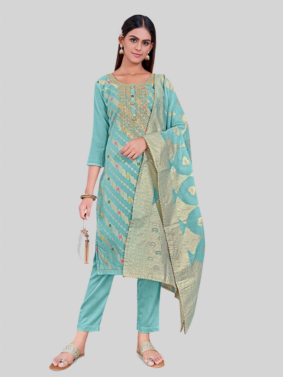 

TAVAS Ethnic Motifs Embroidered Zari Unstitched Dress Material, Turquoise blue