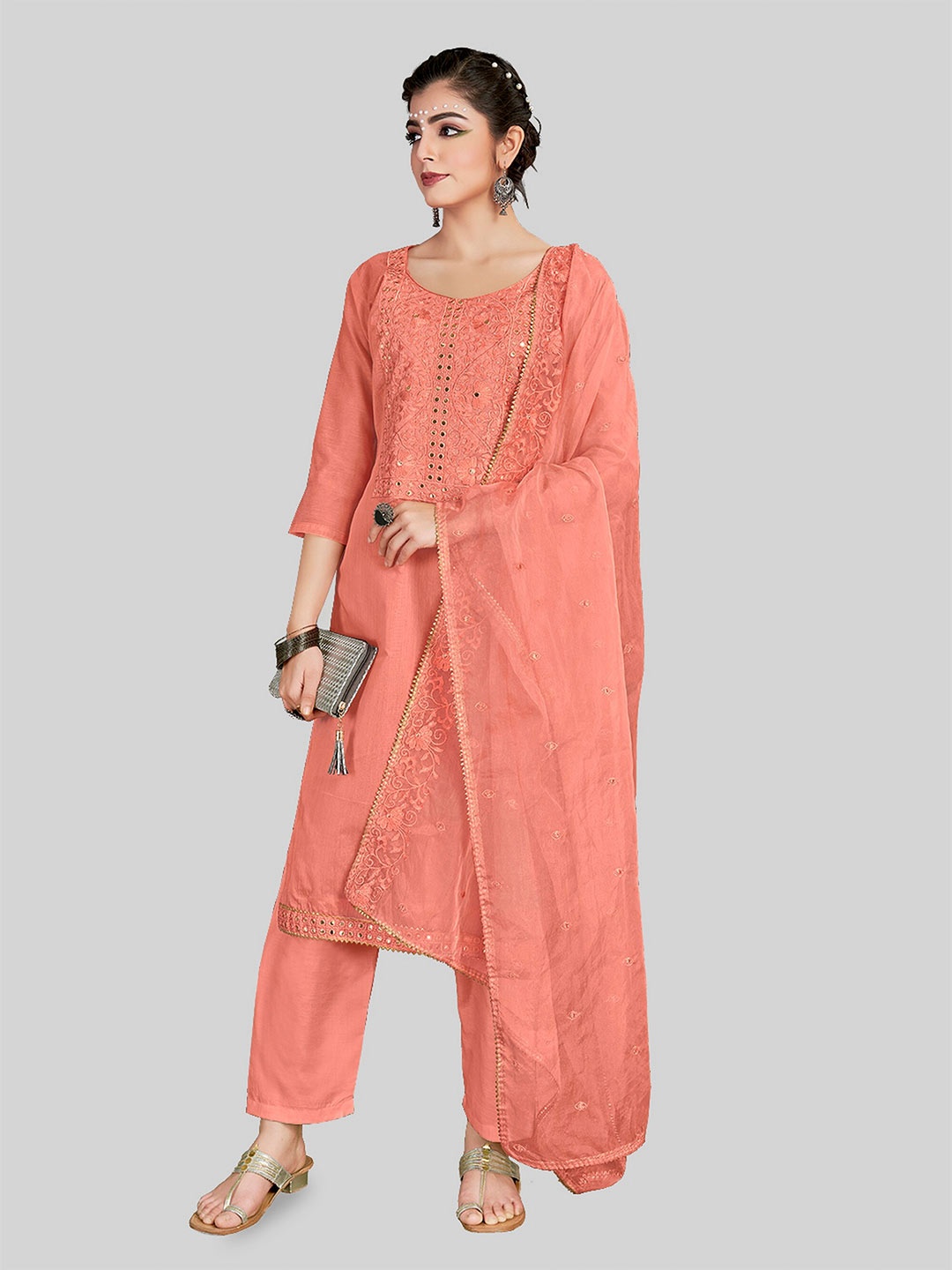 

TAVAS Ethnic Motifs Mirror Work Embroidered Unstitched Dress Material, Pink