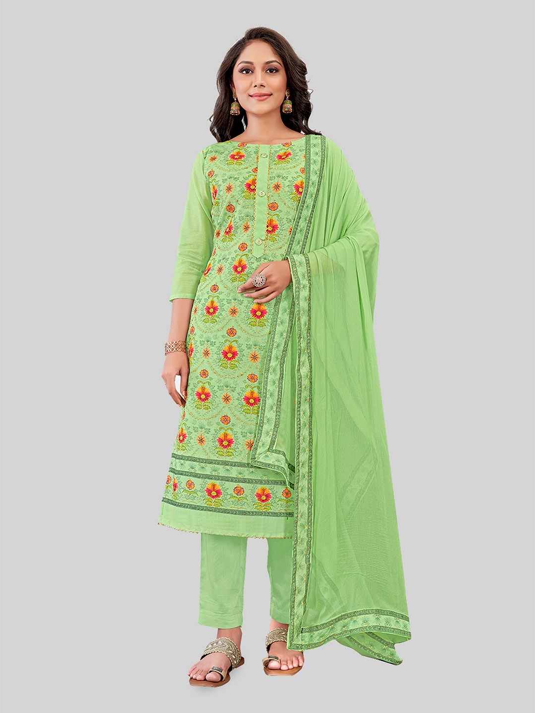 

TAVAS Ethnic Motifs Printed Gotta Patti Unstitched Dress Material, Green