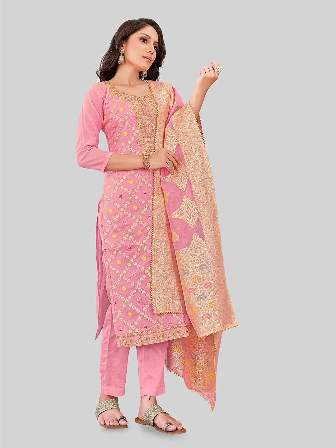 

TAVAS Ethnic Motif Woven Design Sequinned Embellished Unstitched Dress Material, Pink