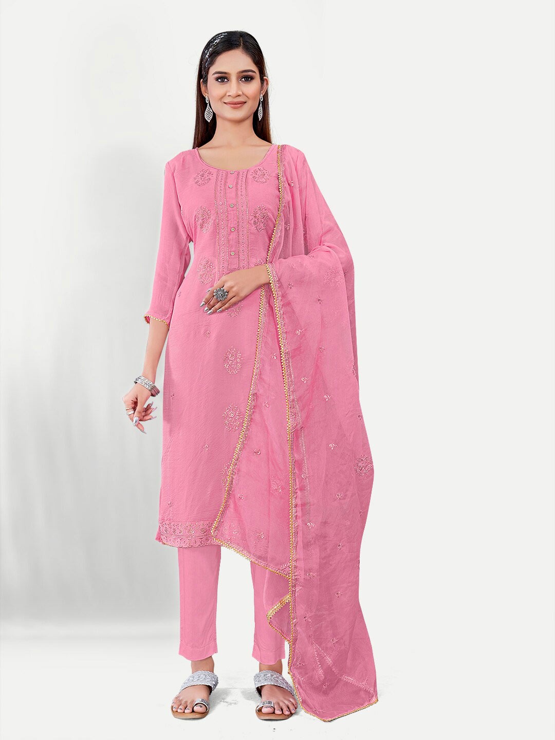 

TAVAS Ethnic Motifs Embroidered Sequinned Unstitched Dress Material, Pink