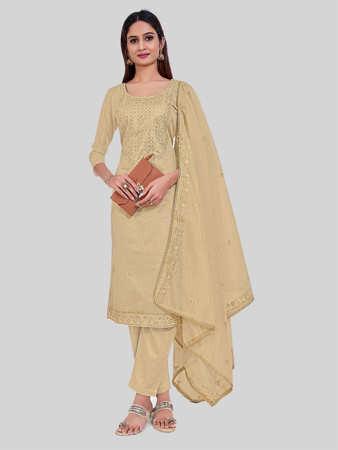

TAVAS Floral Embroidered Unstitched Dress Material, Brown