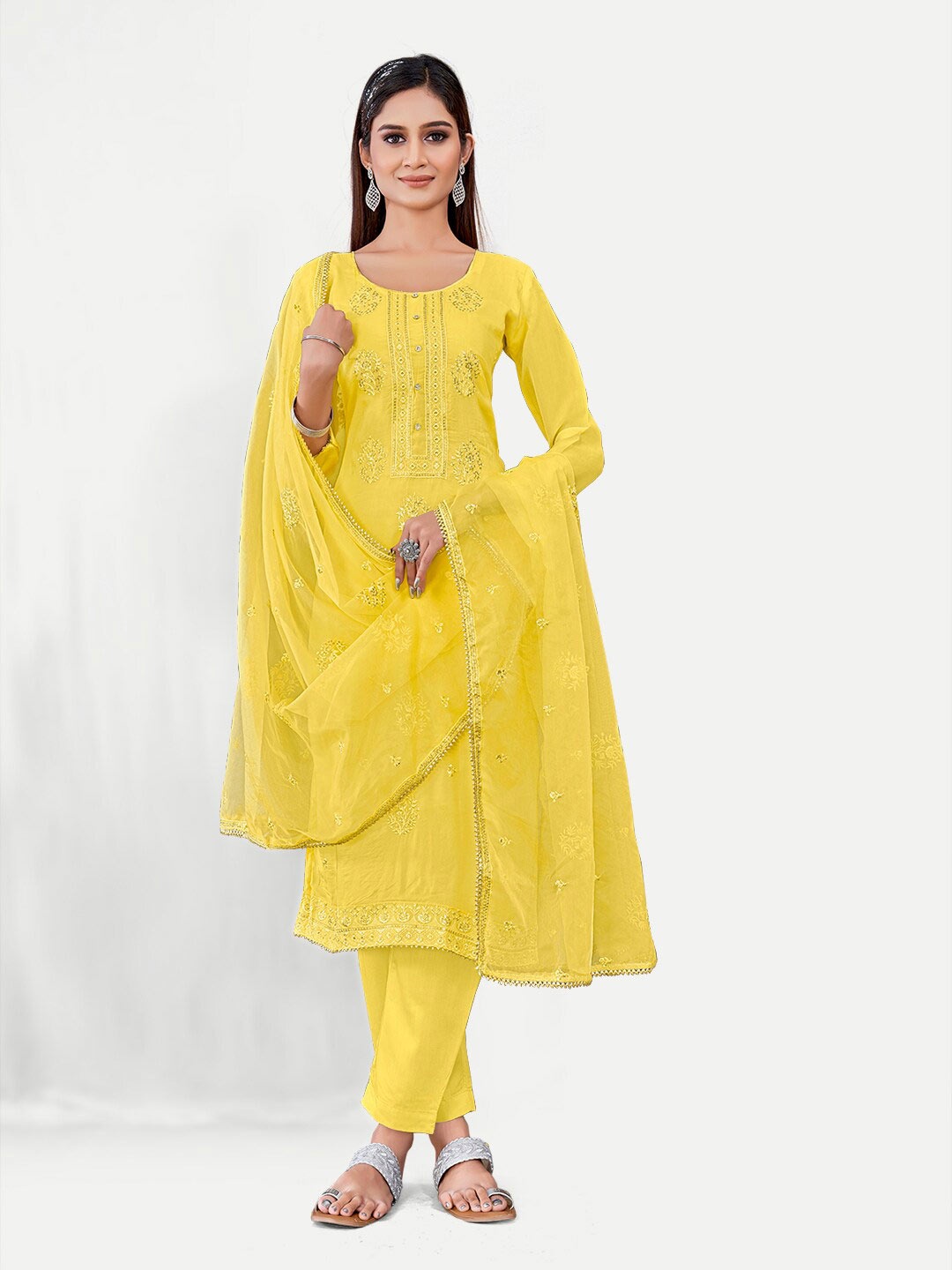 

TAVAS Ethnic Motifs Sequinned Embroidered Unstitched Dress Material, Yellow