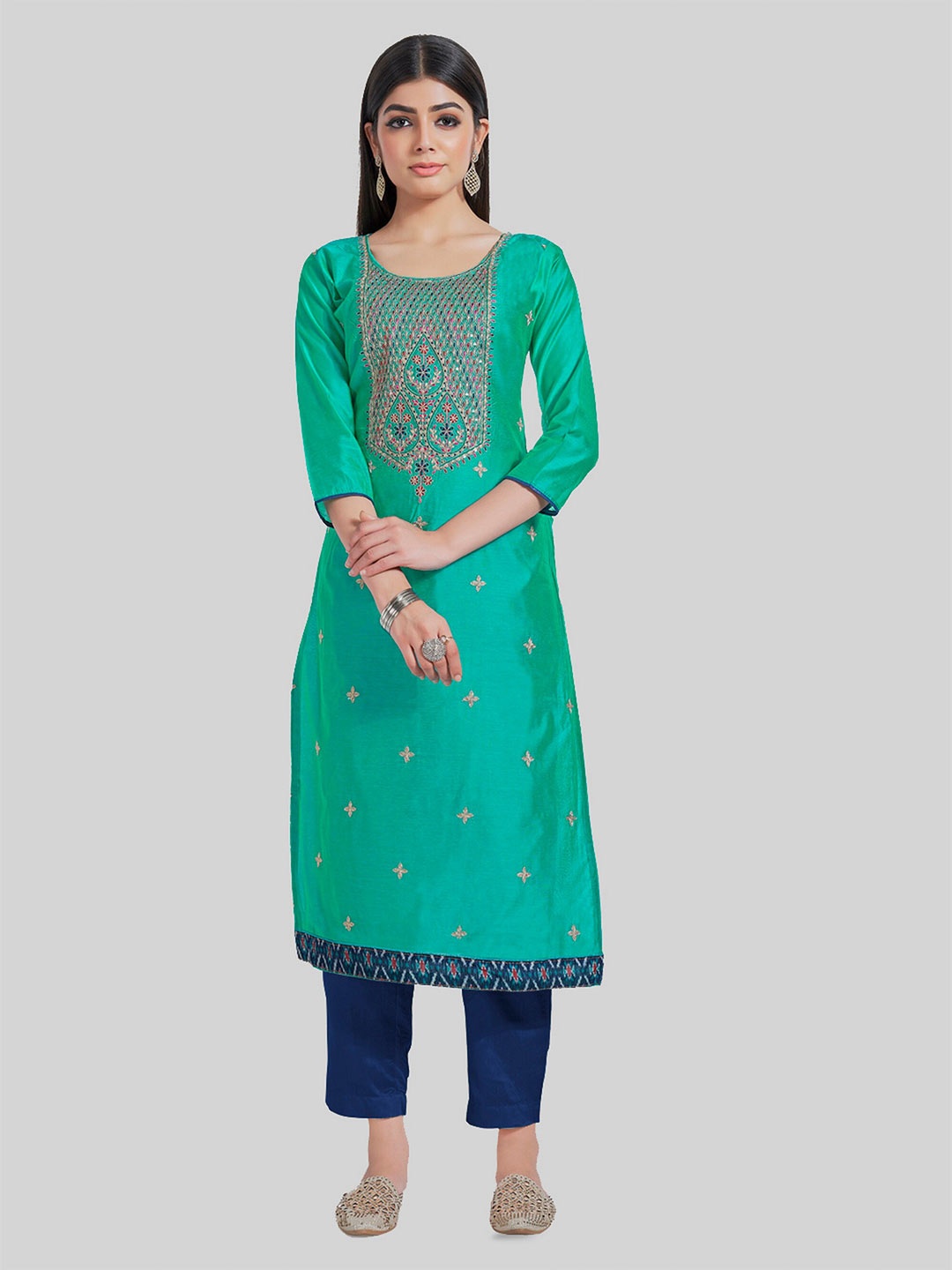 

TAVAS Ethnic Motifs Embroidered Zari Unstitched Dress Material, Navy blue