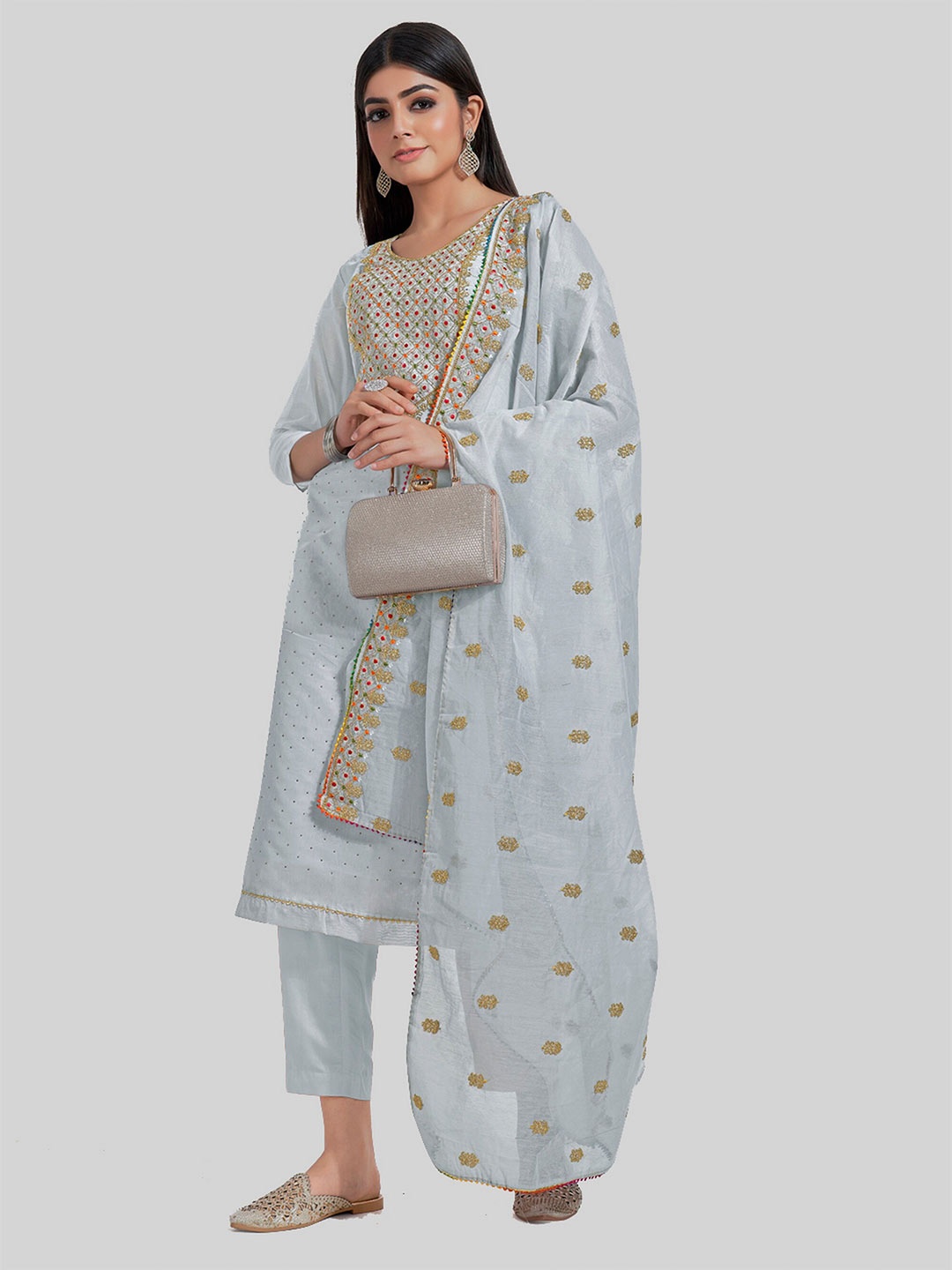 

TAVAS Ethnic Embroidered Gotta Patti Unstitched Dress Material, Grey