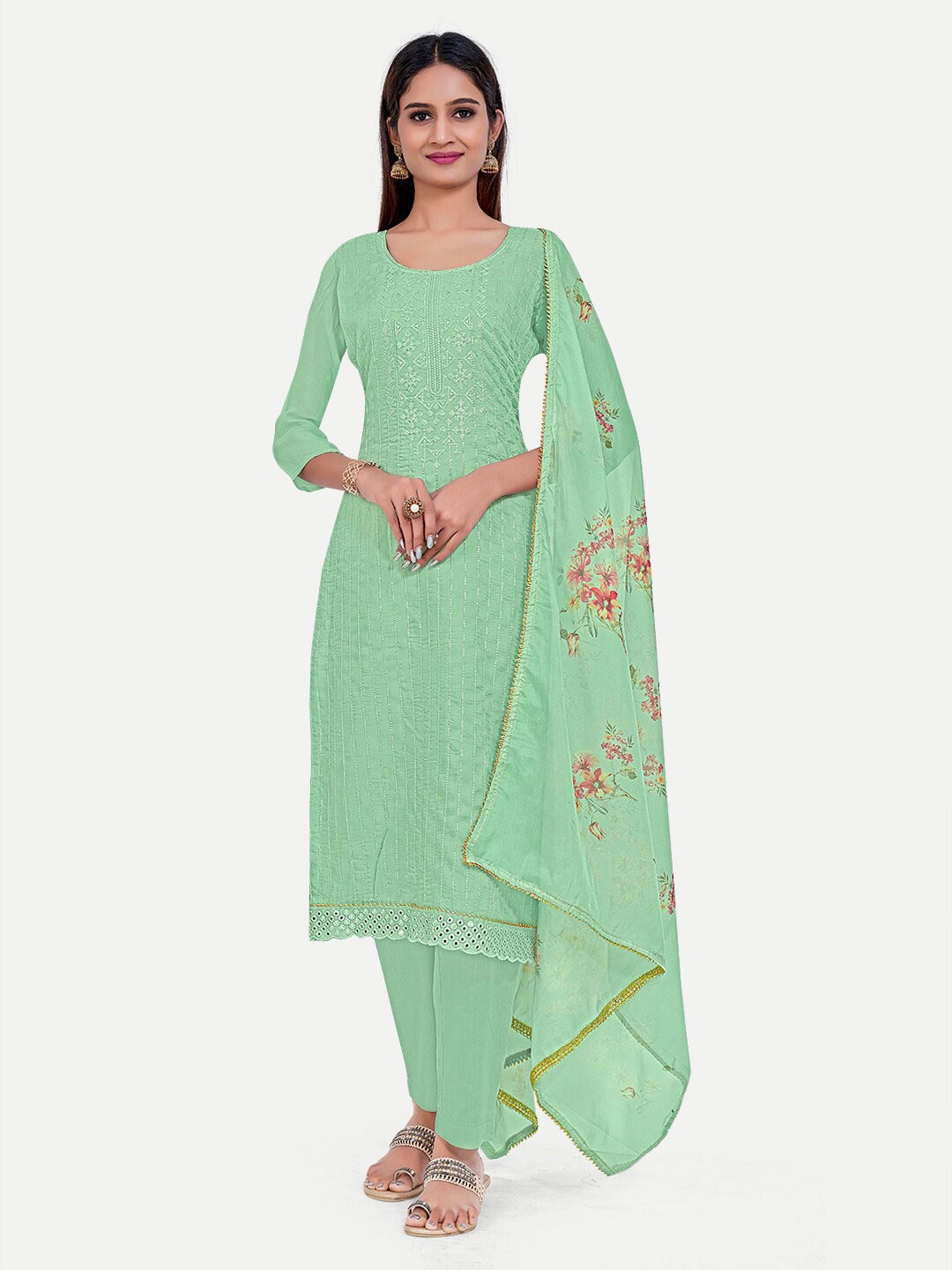 

TAVAS Ethnic Motifs Embroidered Beads & Stones Unstitched Dress Material, Green