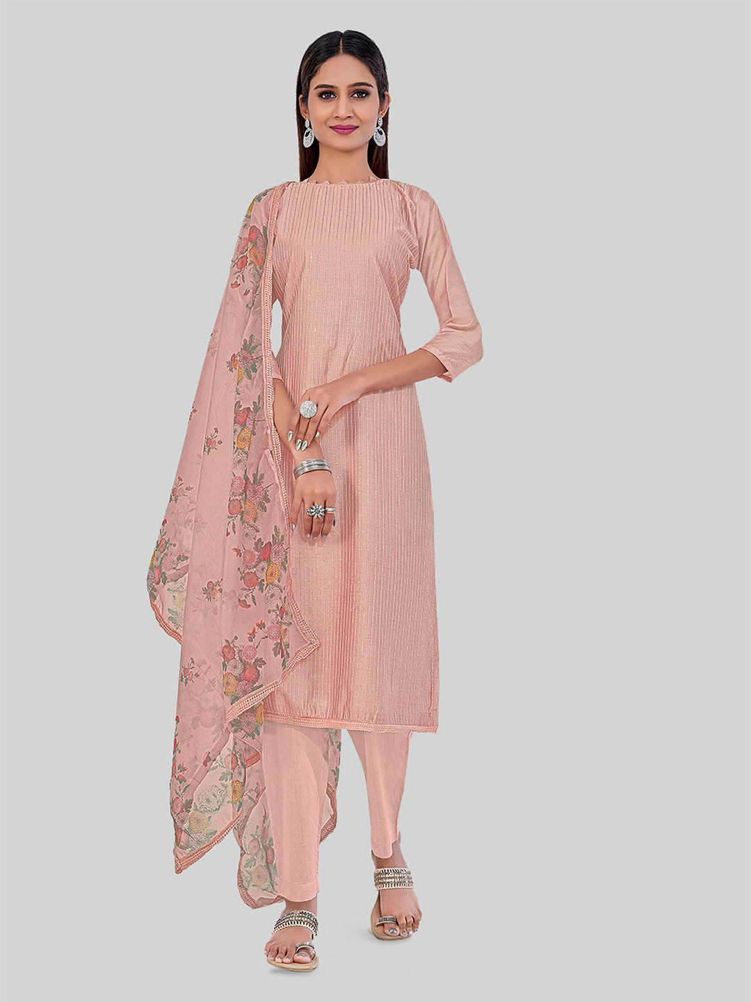 

TAVAS Striped Sequinned Unstitched Dress Material, Pink