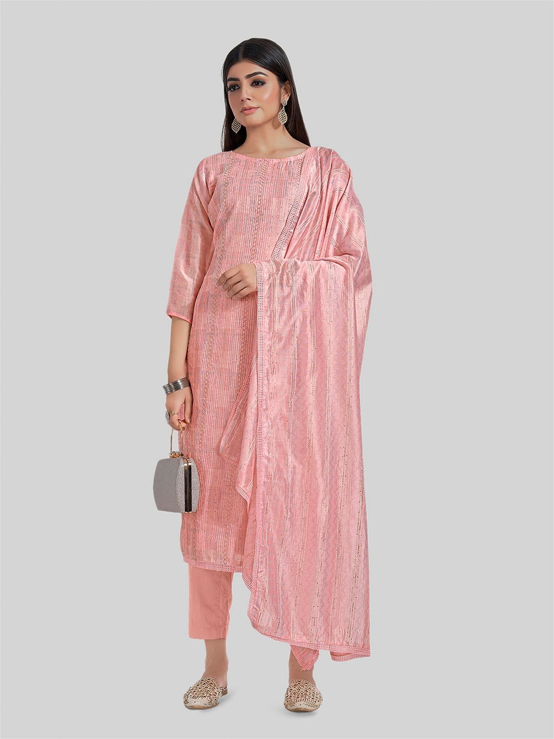 

TAVAS Striped Embroidered Sequined Unstitched Dress Material, Pink