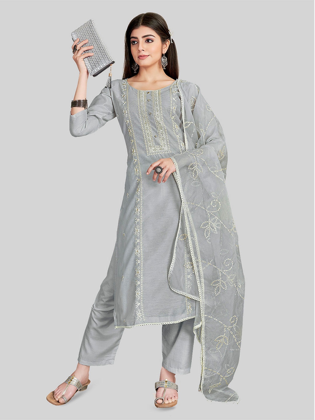 

TAVAS Floral Embroidered Unstitched Dress Material, Grey