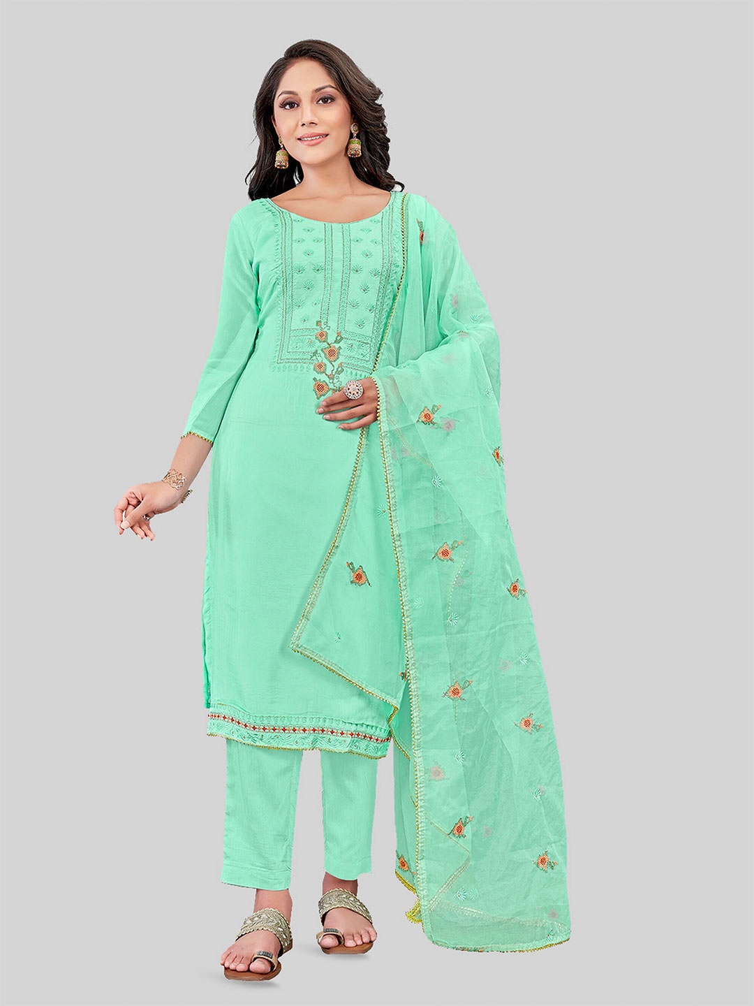 

TAVAS Floral Embroidered Unstitched Dress Material, Green