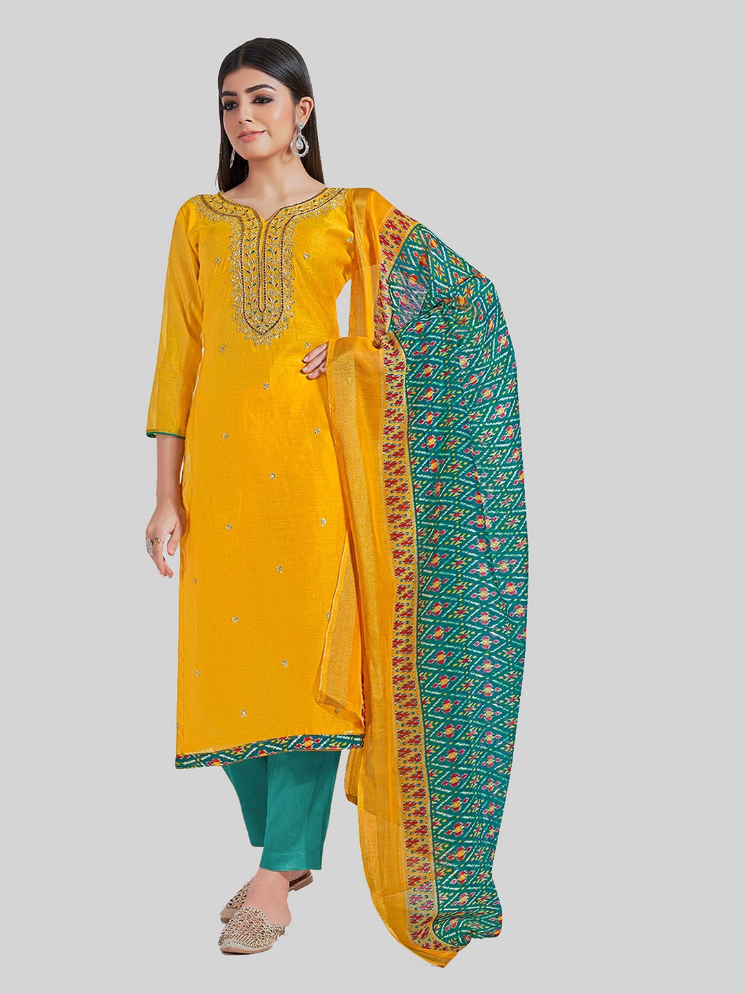 

TAVAS Ethnic Embroidered Unstitched Dress Material, Yellow
