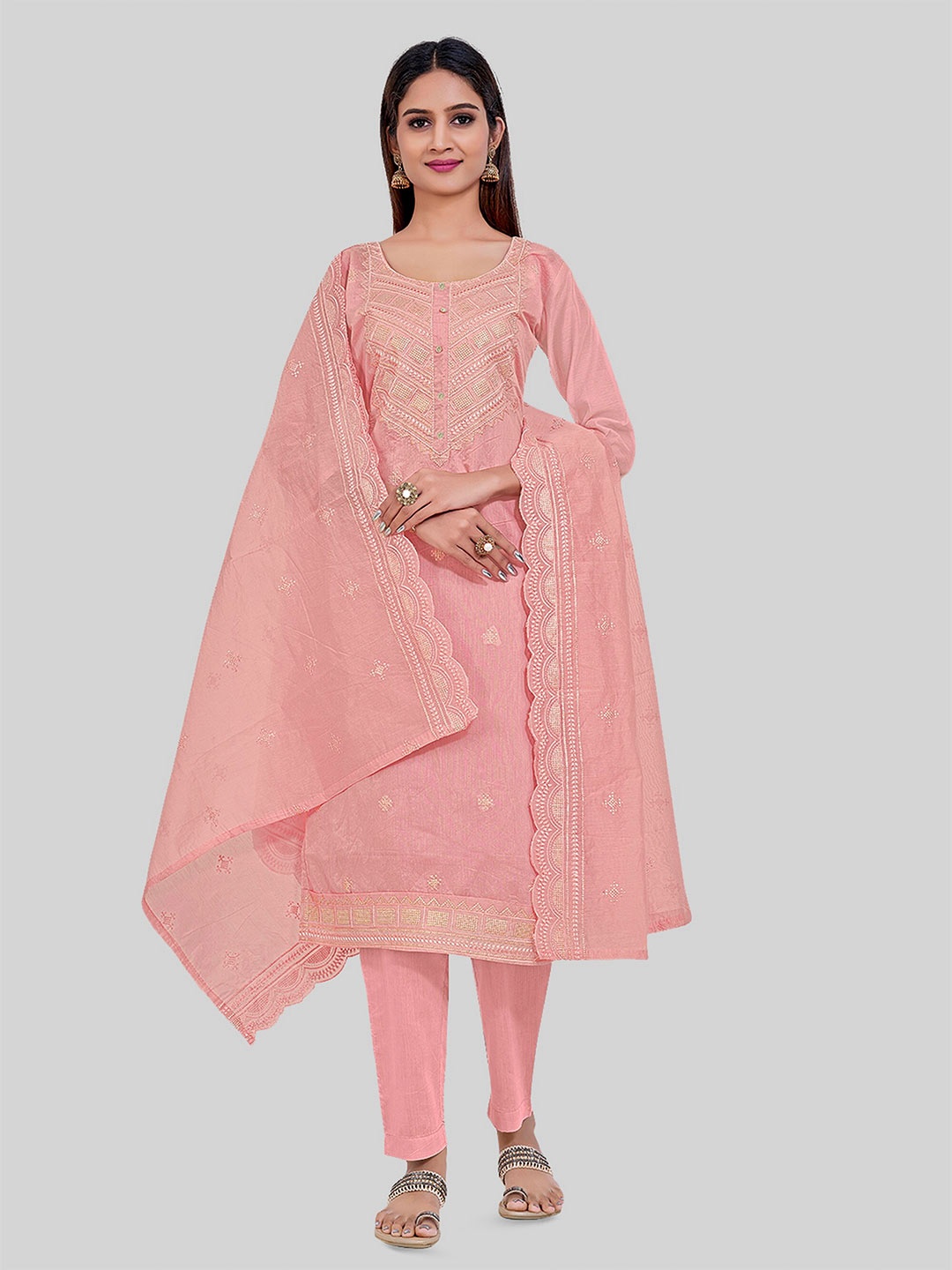 

TAVAS Geometric Embroidered Unstitched Dress Material, Pink