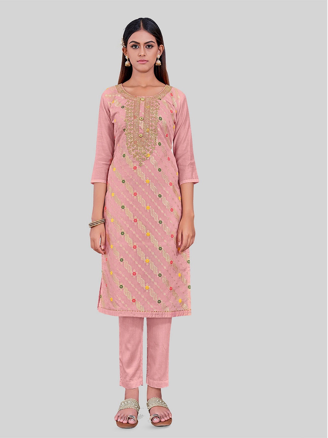 

TAVAS Ethnic Motifs Embroidered Zari Unstitched Dress Material, Peach