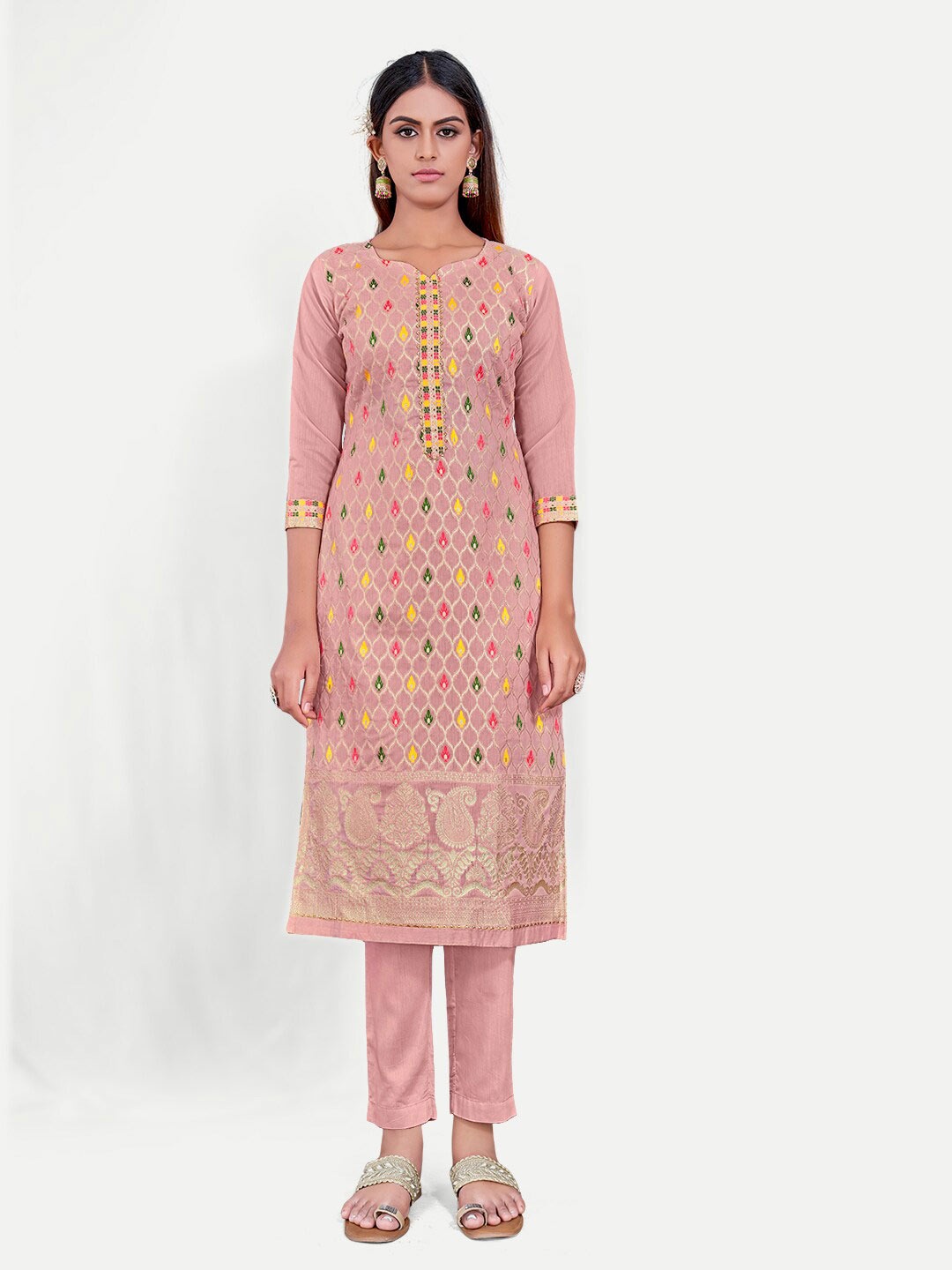 

TAVAS Ethnic Motifs Embroidered Zari Unstitched Dress Material, Peach