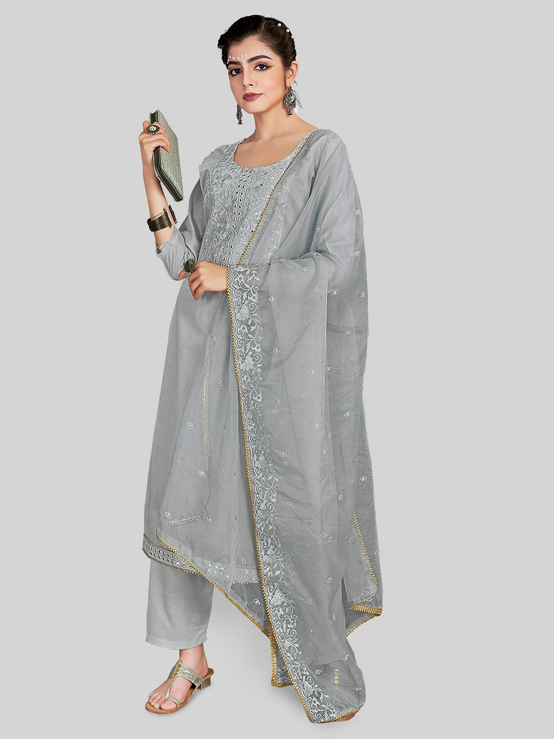 

TAVAS Floral Embroidered Mirror Work Unstitched Dress Material, Grey