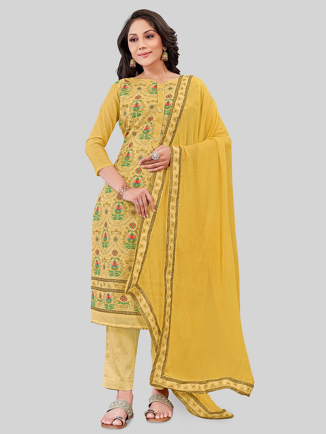 

TAVAS Floral Embroidered Gotta Patti Unstitched Dress Material, Mustard