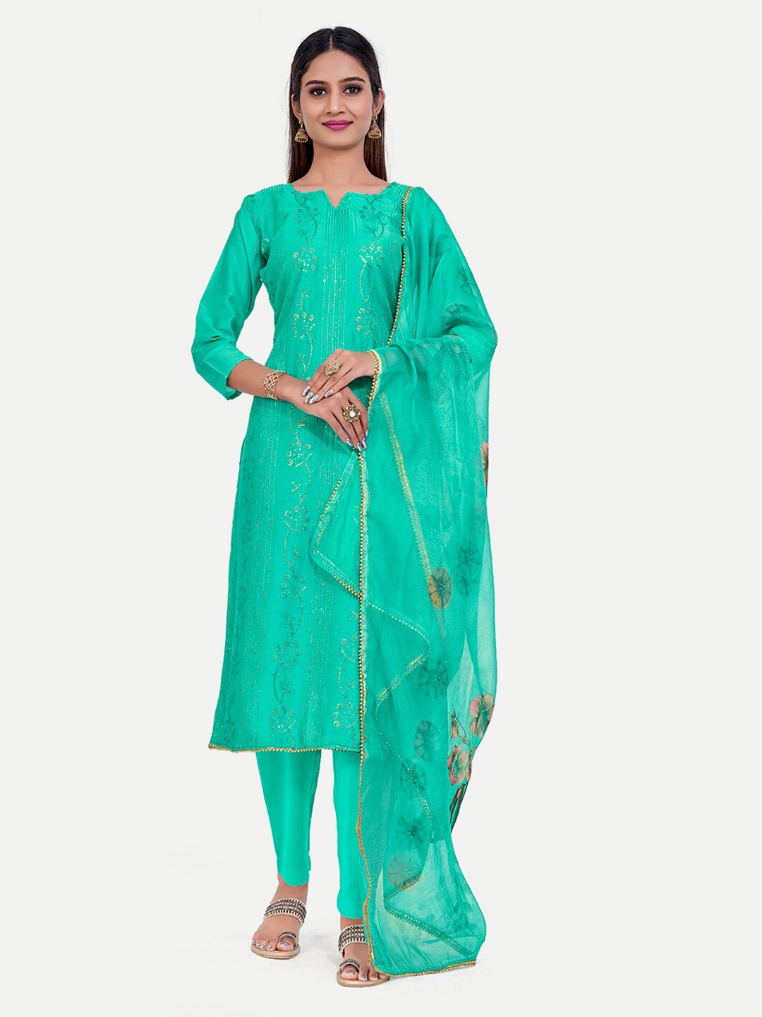 

TAVAS Ethnic Motifs Embroidered Unstitched Dress Material, Turquoise blue