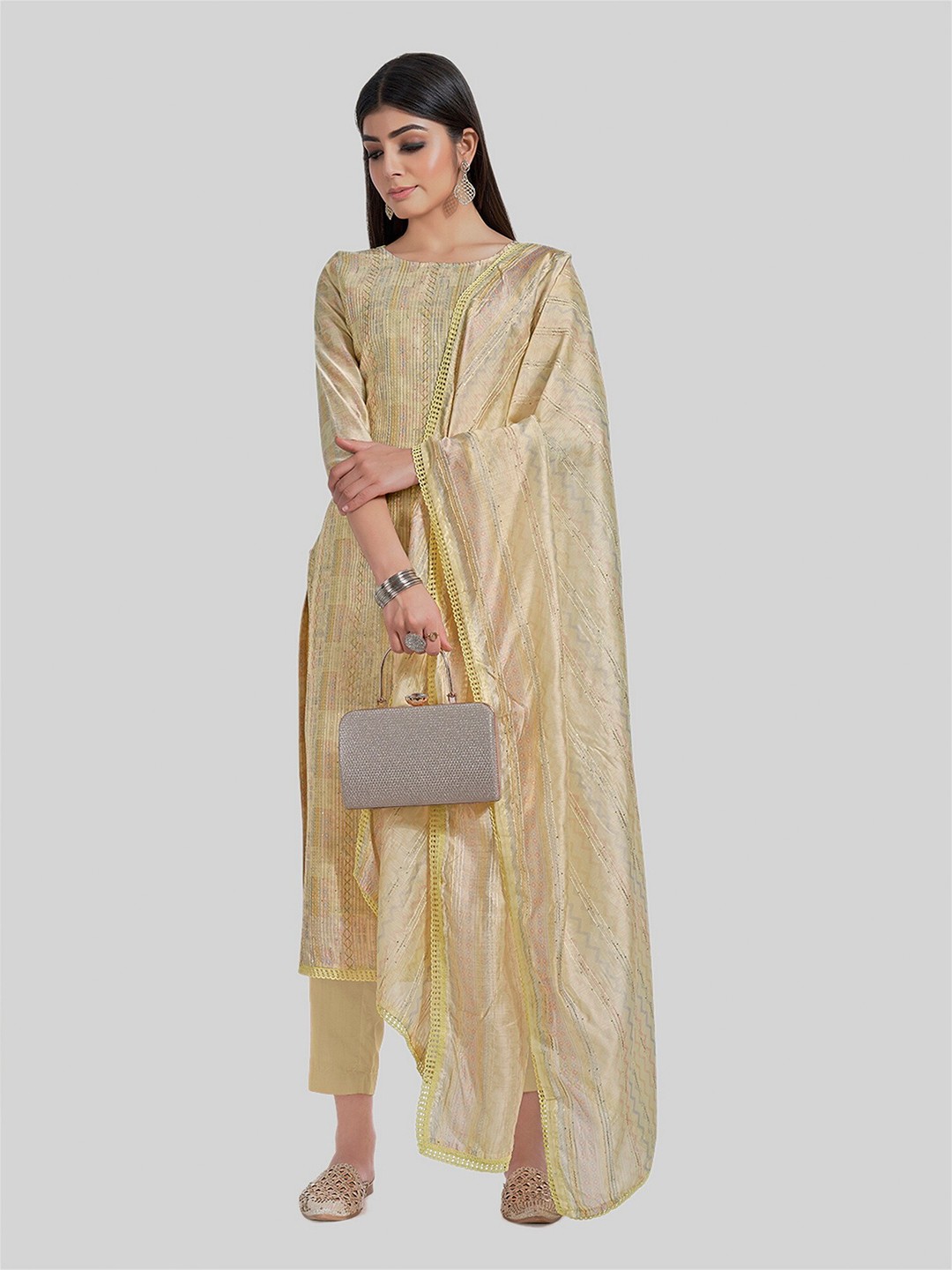 

TAVAS Striped Embroidered Sequined Unstitched Dress Material, Yellow