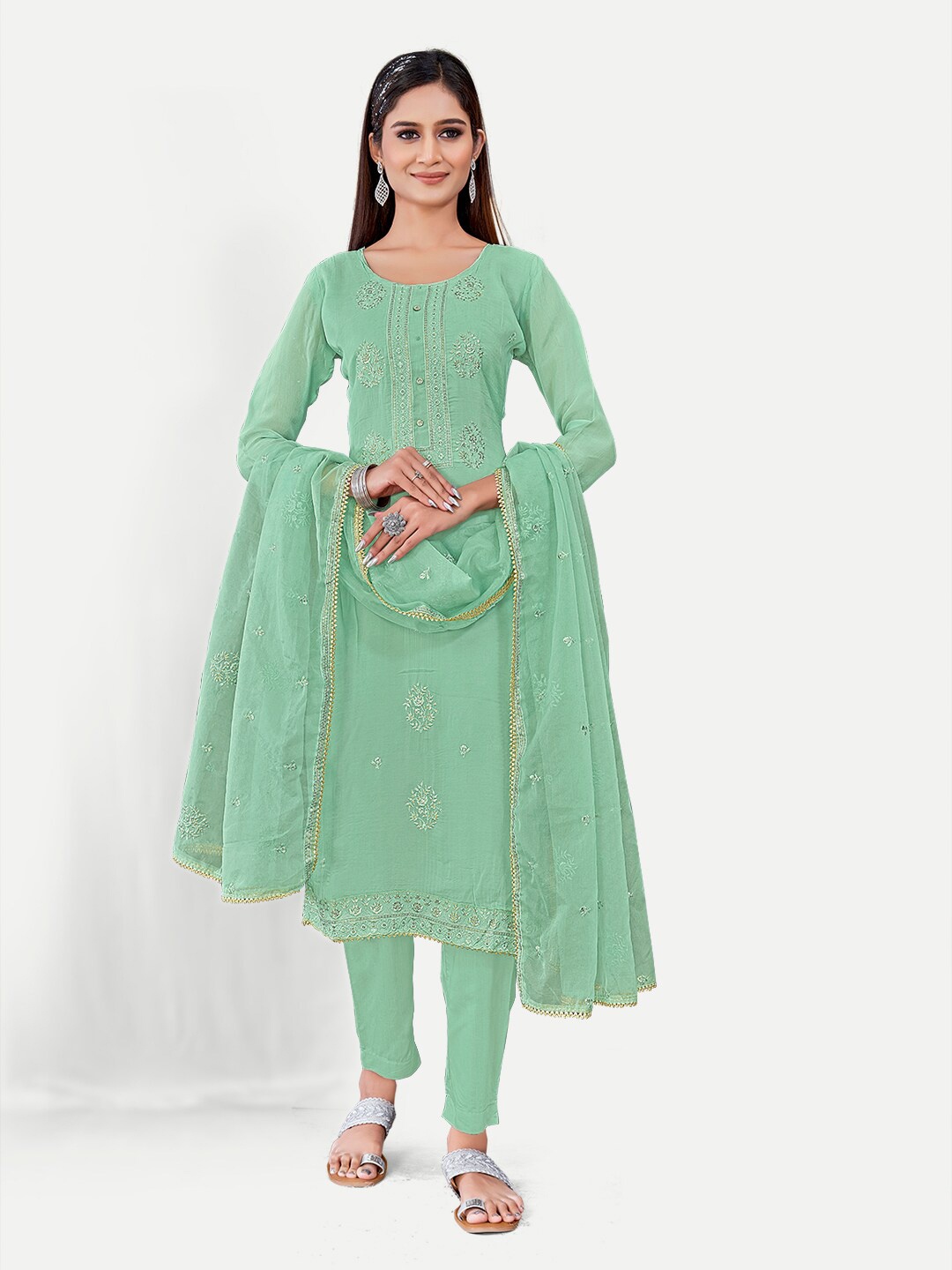 

TAVAS Floral Embroidered Gotta Patti Unstitched Dress Material, Green
