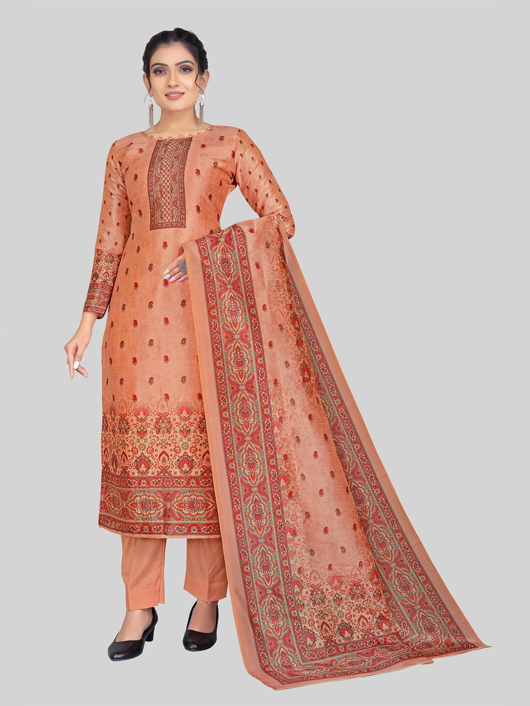 

TAVAS Paisley Printed Art Silk Unstitched Dress Material, Peach