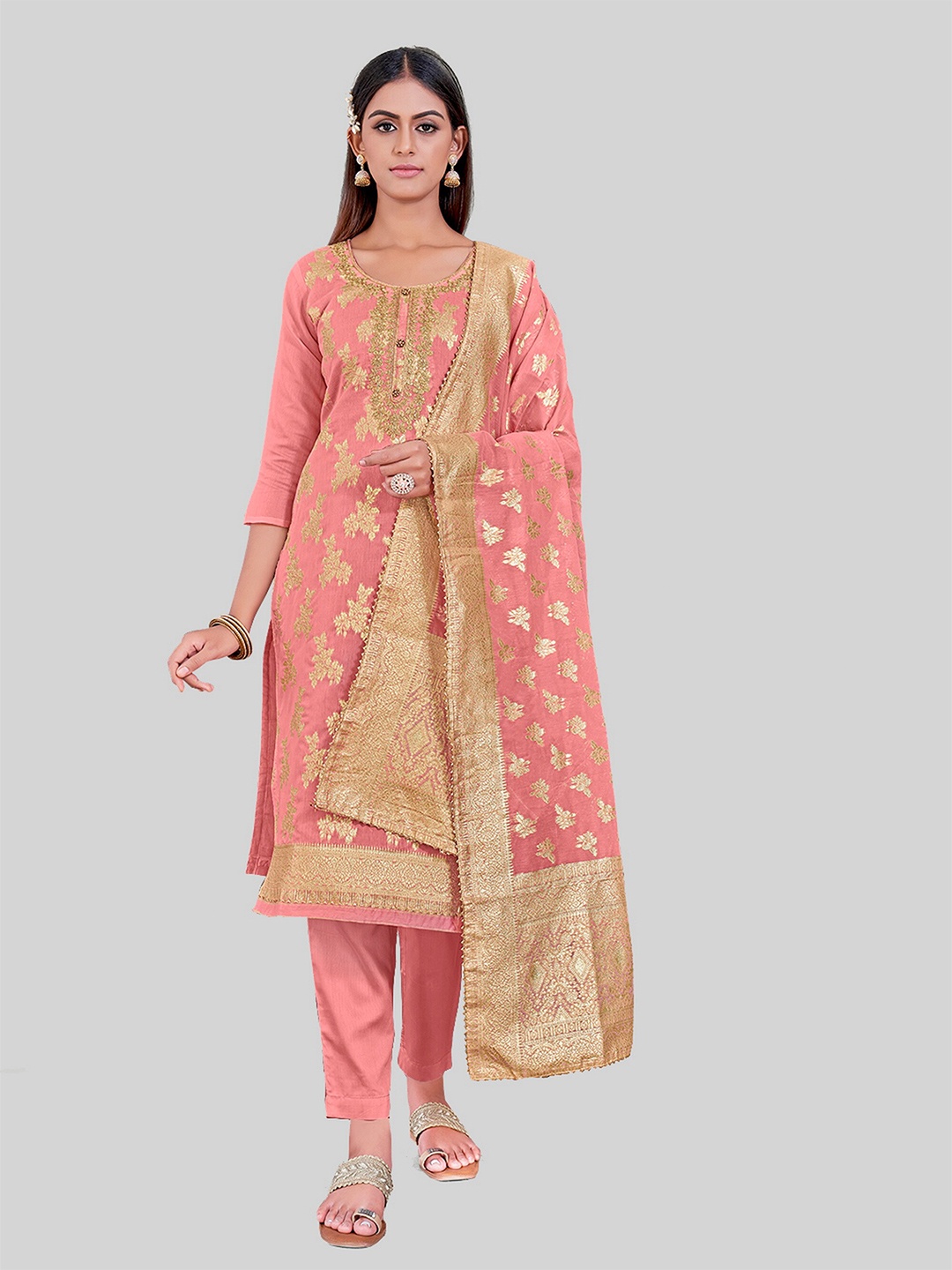 

TAVAS Ethnic Motif Woven Design Sequinned Unstitched Dress Material, Peach
