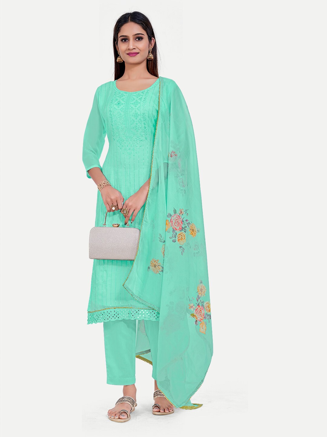 

TAVAS Ethnic Motifs Sequinned Embroidered Unstitched Dress Material, Turquoise blue