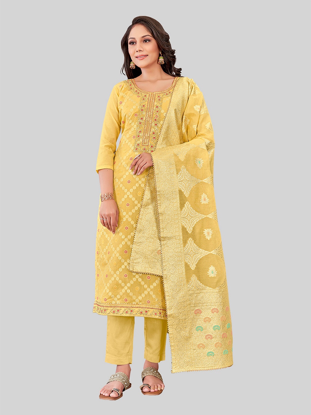 

TAVAS Embroidered Unstitched Dress Material, Yellow