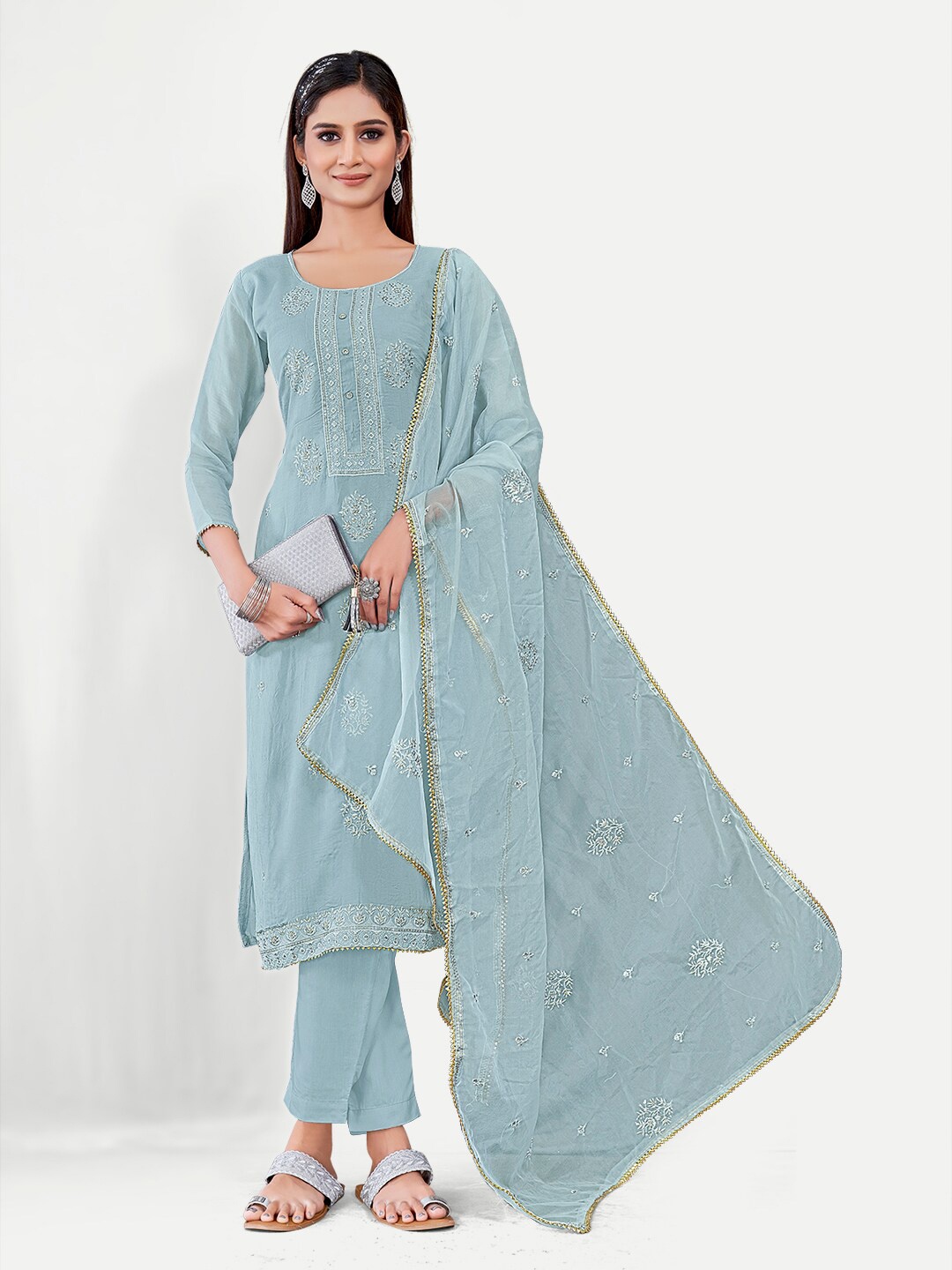 

TAVAS Ethnic Motifs Sequinned Embroidered Unstitched Dress Material, Grey