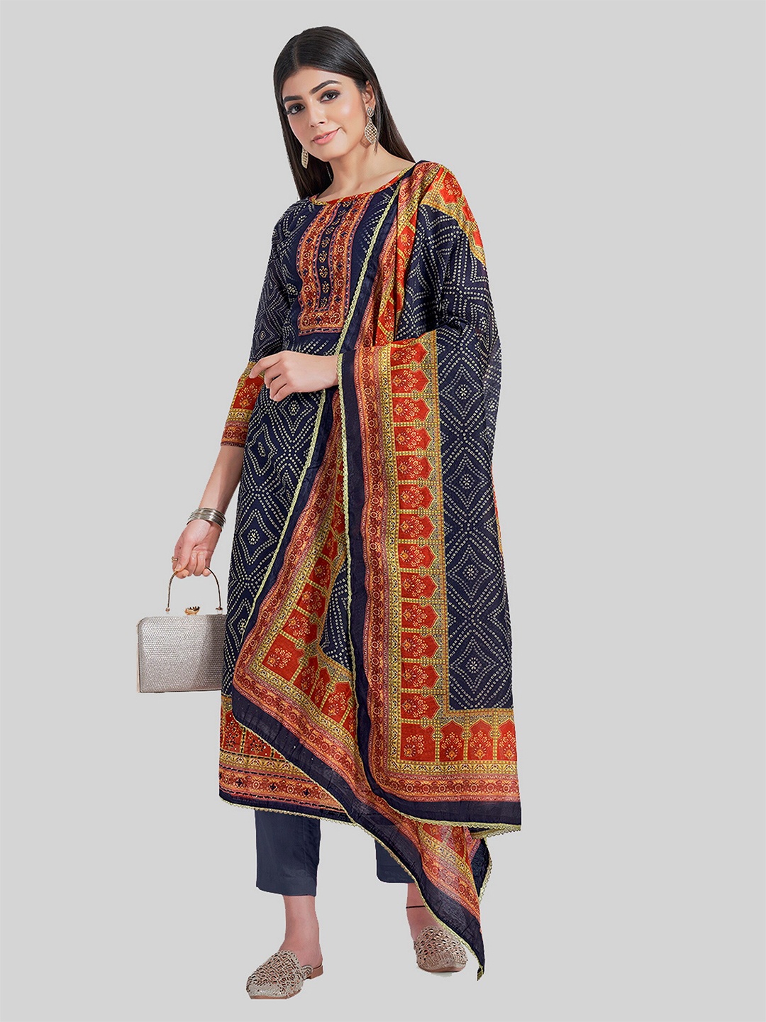 

TAVAS Bandhani Printed Thread Work Unstitched Dress Material, Navy blue