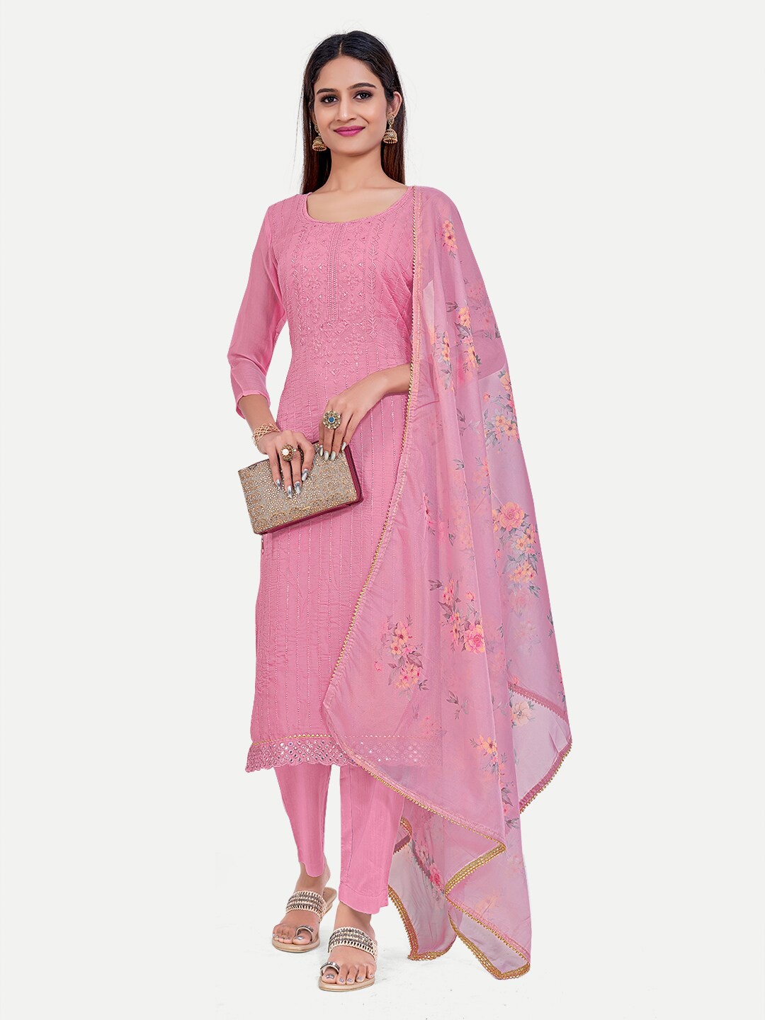 

TAVAS Ethnic Motifs Embroidered Unstitched Dress Material, Pink