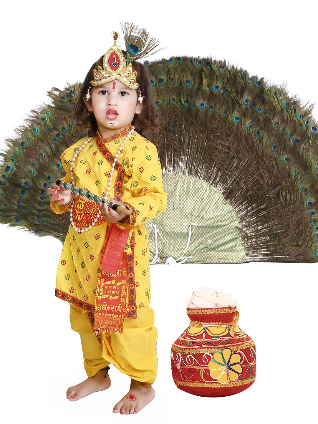 

RAJ FANCY DRESSES Kids Ethnic Motifs Printed Little Krishna Angrakha Kurta & Dhoti Pants, Yellow