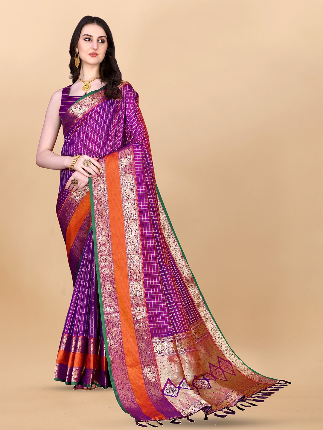 

Ekta Textiles Checked Zari Pure Silk Kanjeevaram Saree, Violet