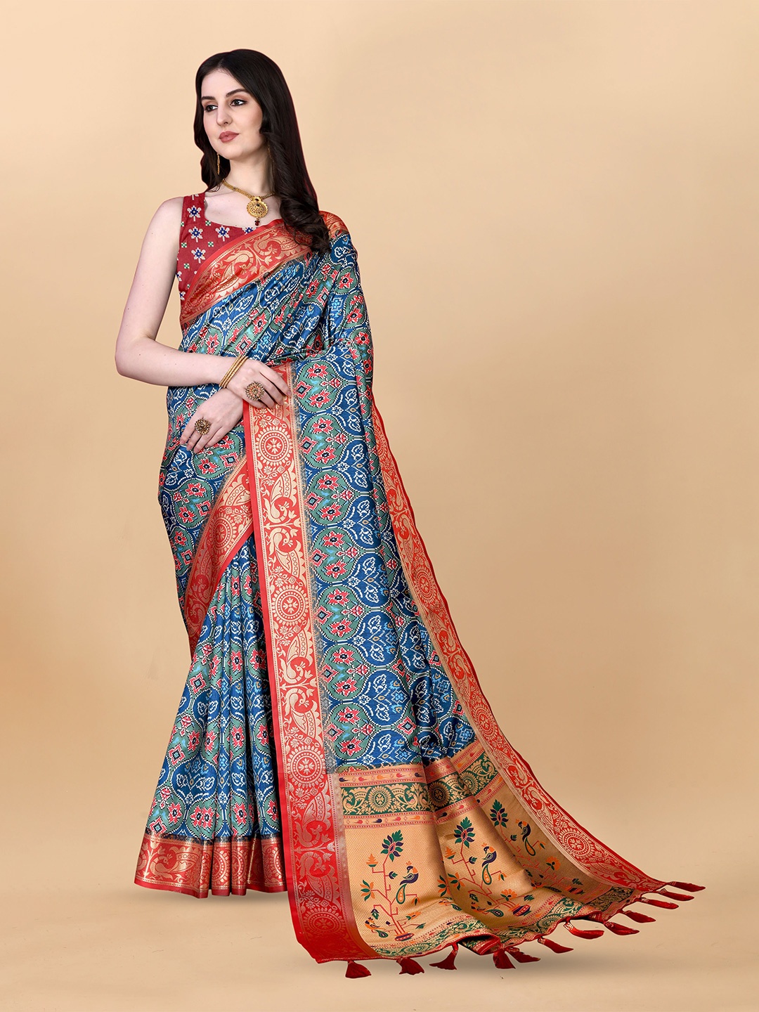 

Ekta Textiles Ethnic Motifs Printed Zari Pure Silk Banarasi Saree, Blue