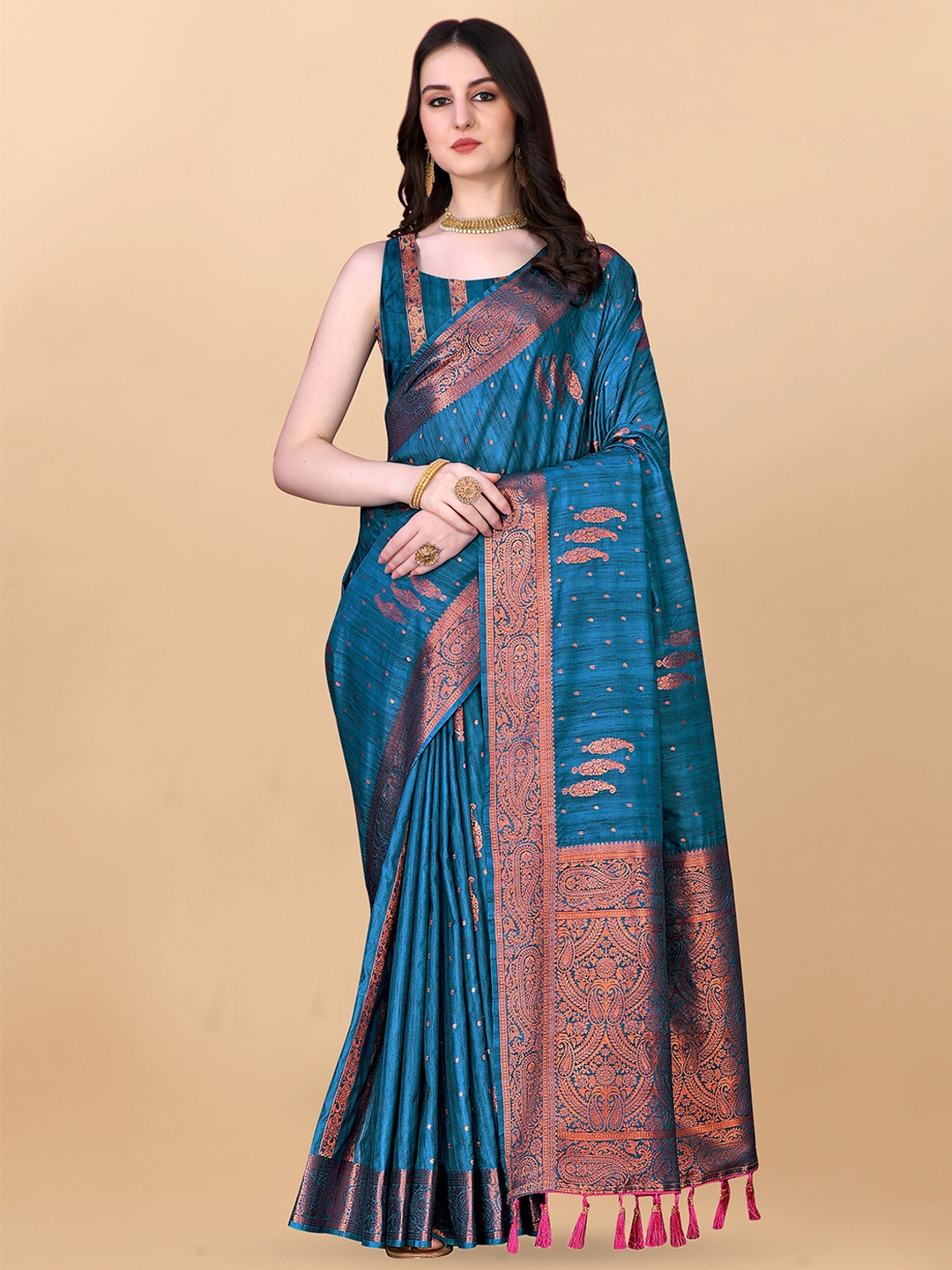 

Ekta Textiles Ethnic Motifs Woven Design Zari Pure Silk Banarasi Saree, Blue
