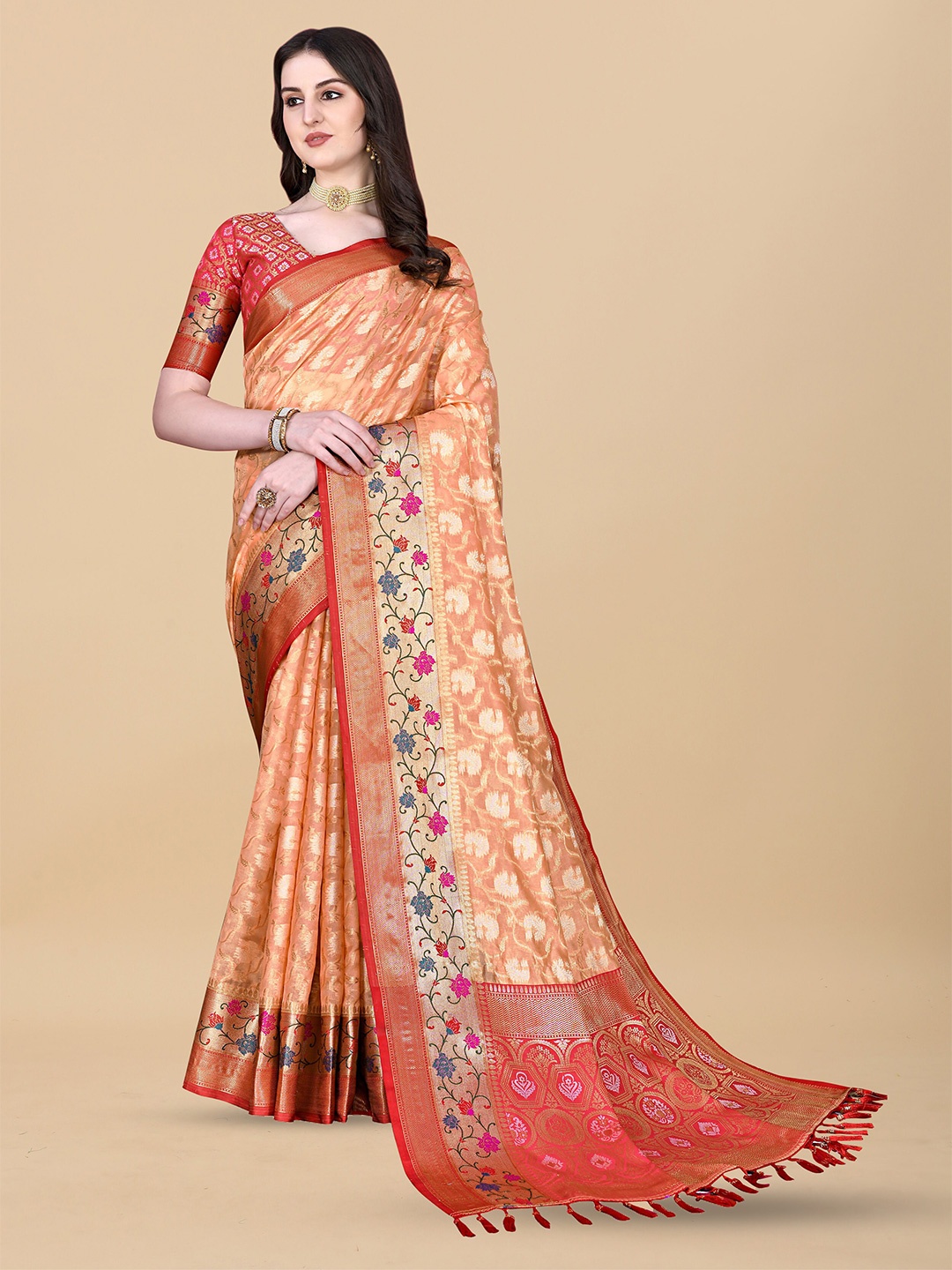 

Ekta Textiles Ethnic Motifs Woven Design Zari Pure Silk Banarasi Saree, Peach