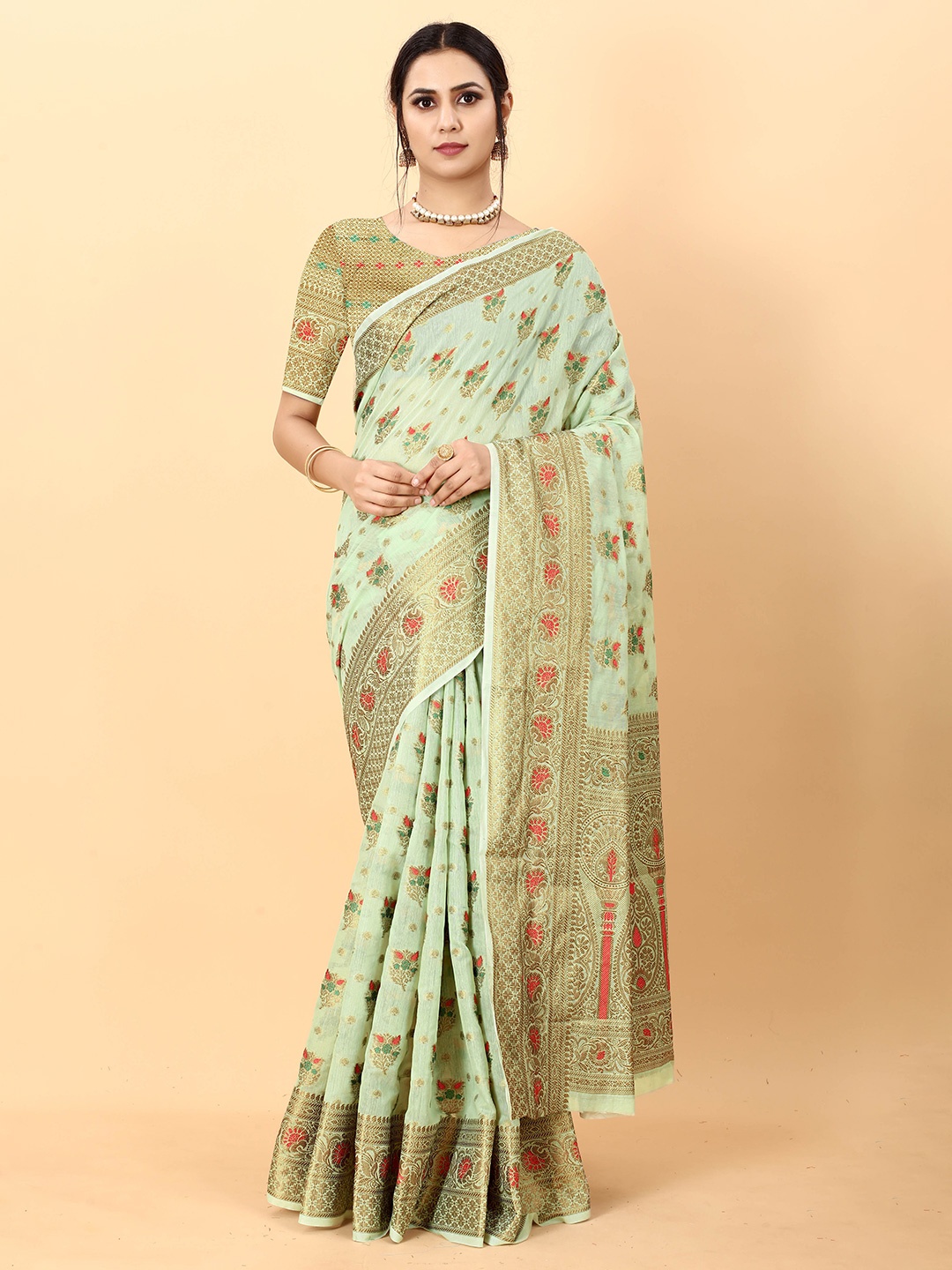 

Ekta Textiles Ethnic Motifs Woven Design Zari Pure Silk Banarasi Saree, Green