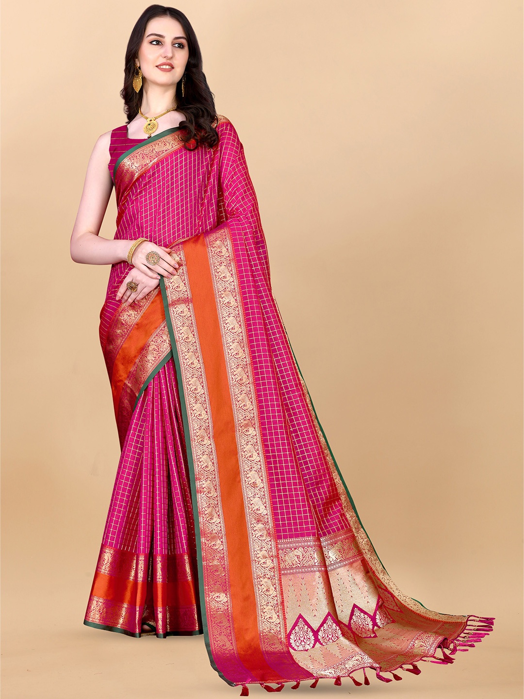 

Ekta Textiles Checked Zari Pure Silk Kanjeevaram Saree, Pink