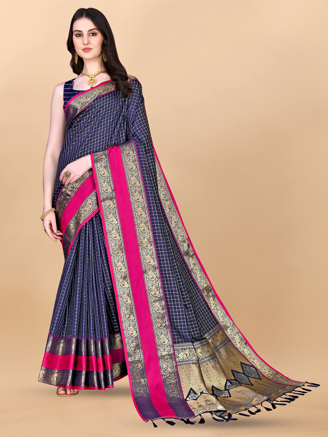 

Ekta Textiles Checked Zari Pure Silk Banarasi Saree, Navy blue