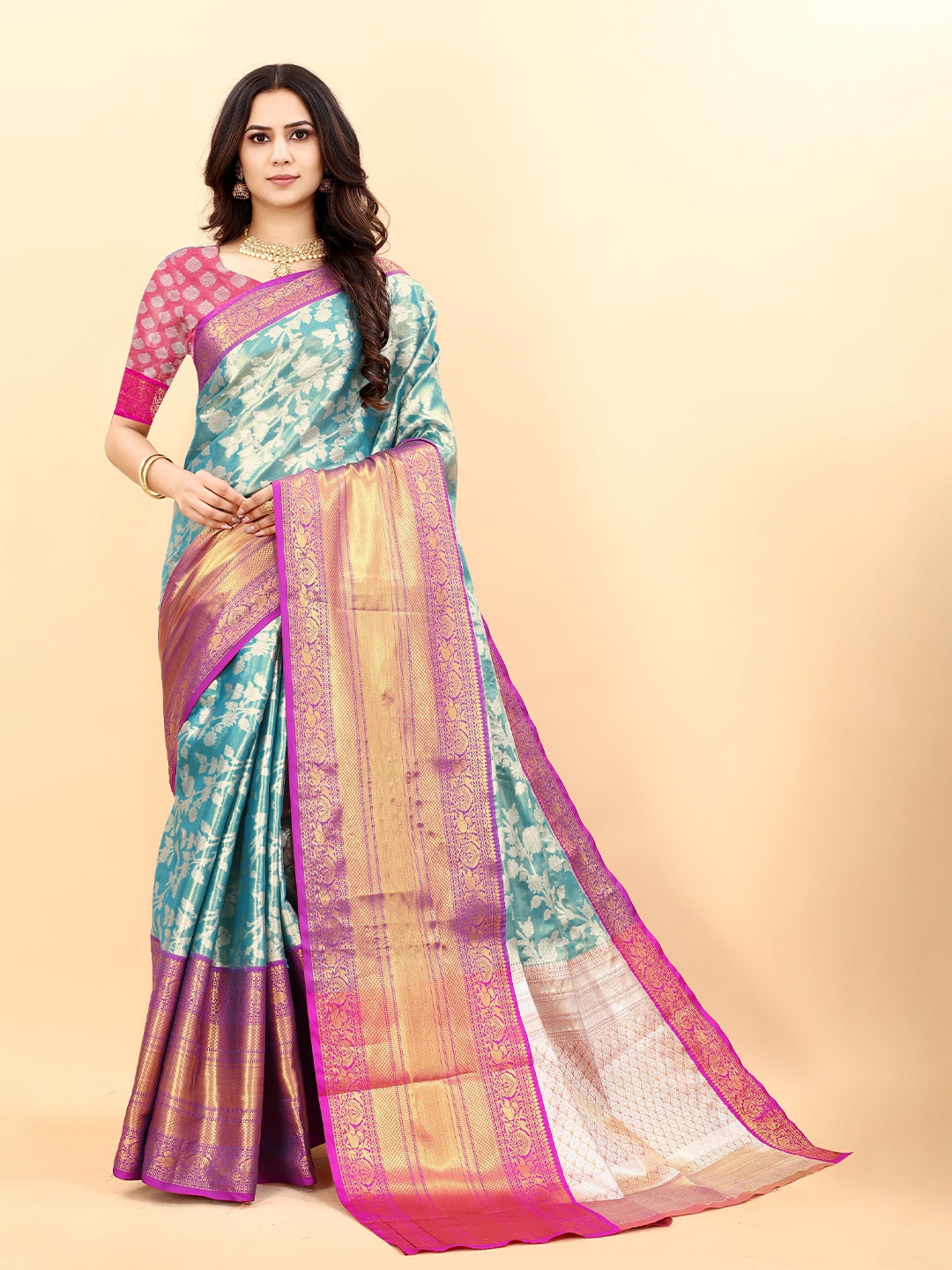 

Ekta Textiles Floral Woven Design Zari Pure Silk Kanjeevaram Saree, Turquoise blue