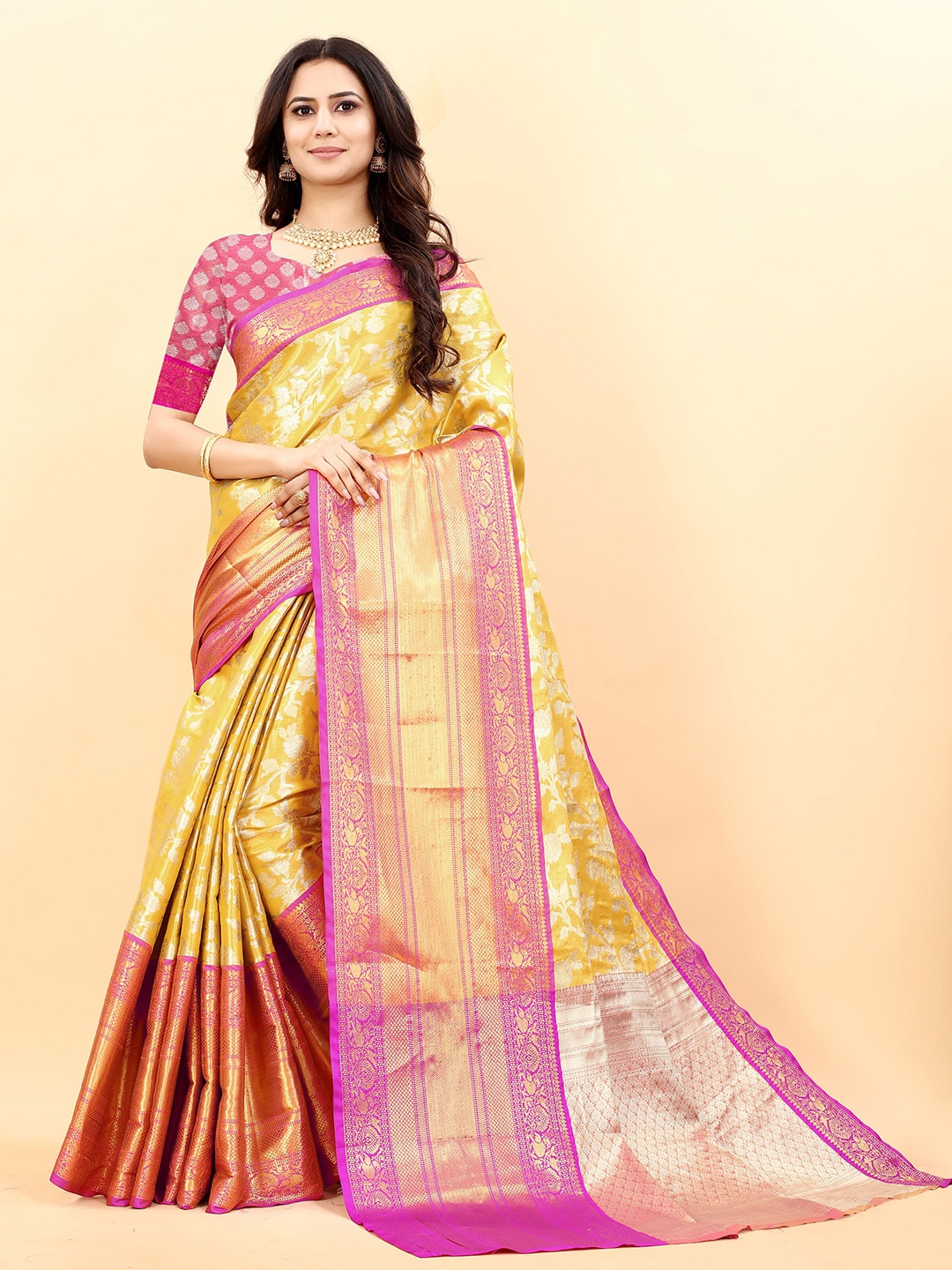 

Ekta Textiles Ethnic Motifs Woven Design Zari Pure Silk Kanjeevaram Saree, Yellow